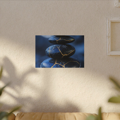 River Stones Canvas Art | Winter Kintsugi Gold Repair Art