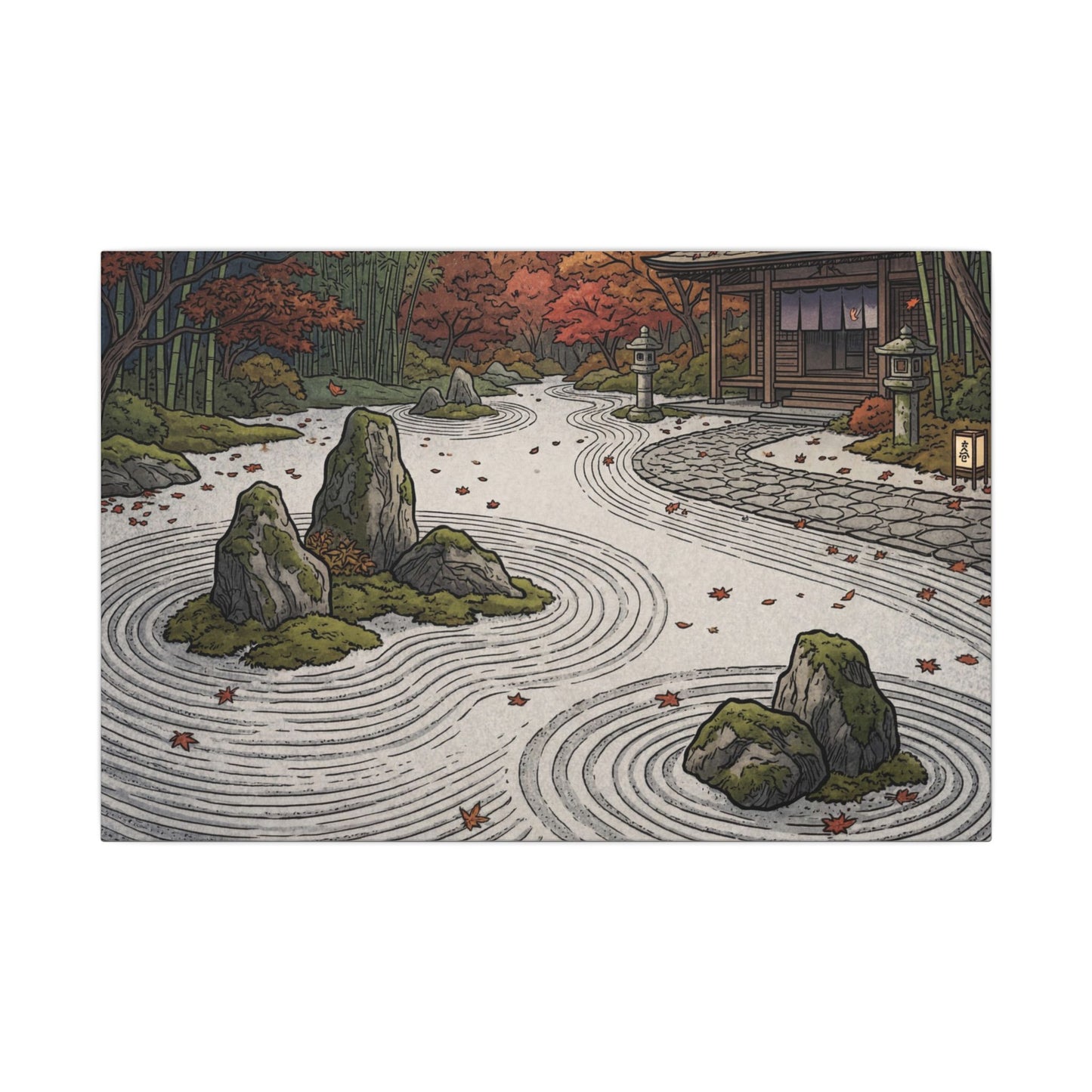 Autumn Rock Garden Ukiyo E Inspired Canvas Art | Peaceful Decor
