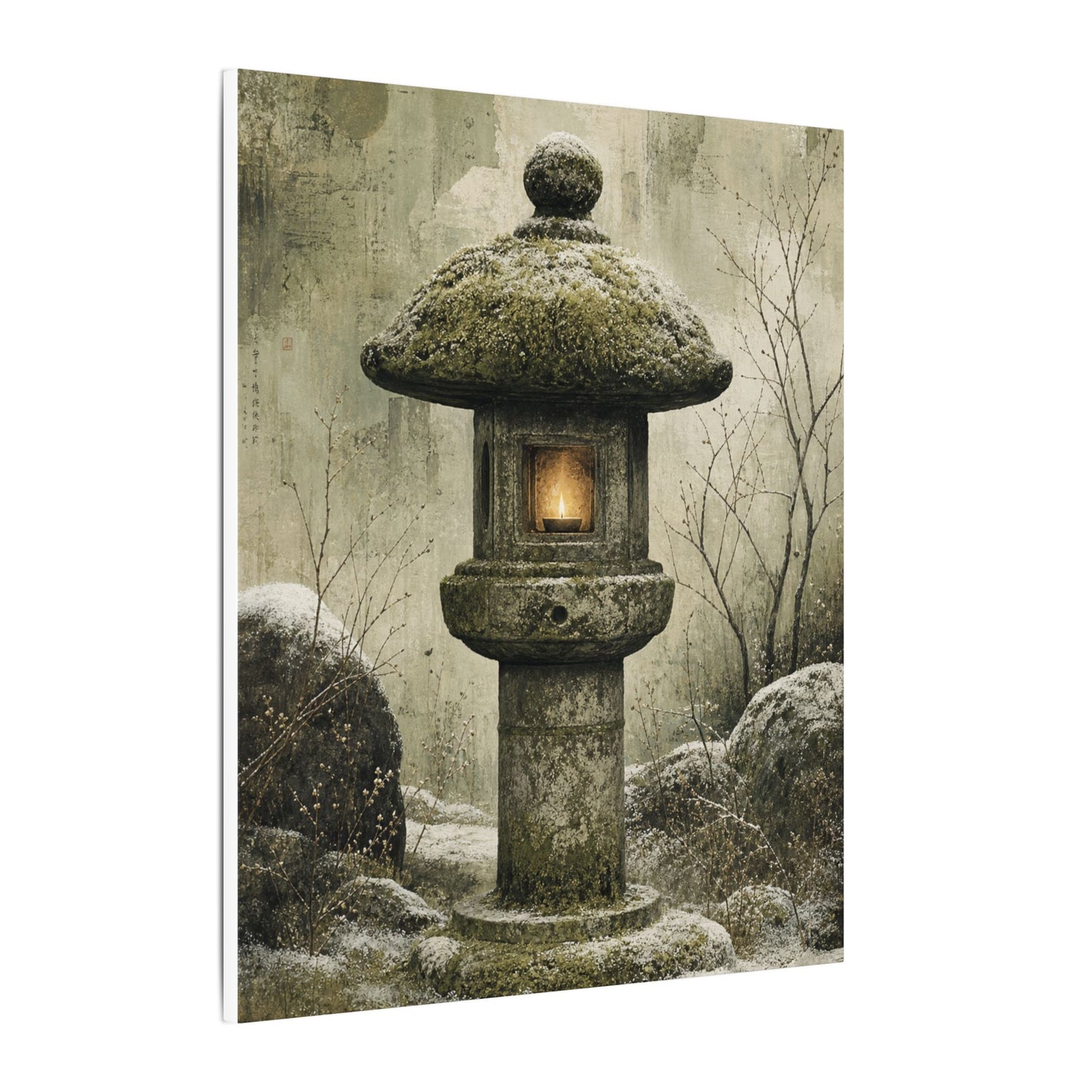 Stone Lantern Winter Canvas Art | Japandi Neutral Design