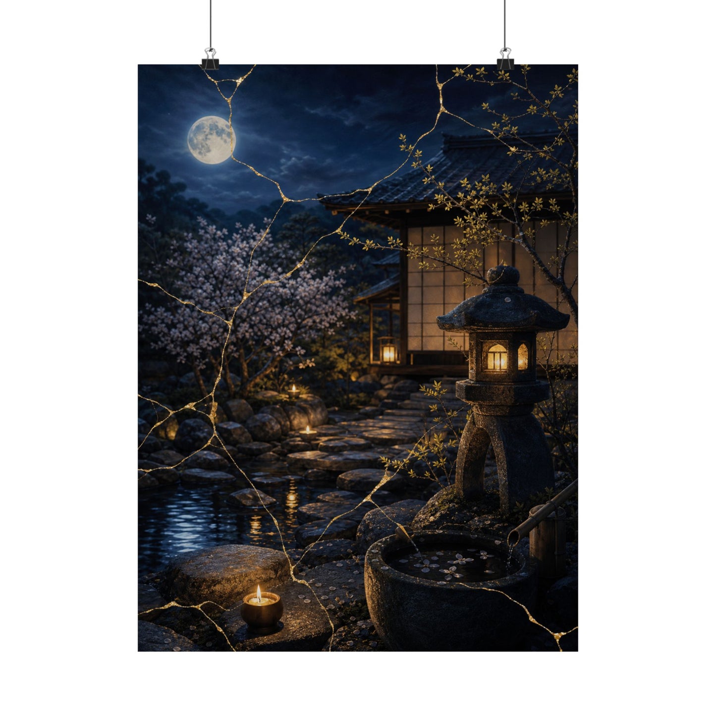 Spring Moonlit Garden Gold Vein Wall Art Print | Resilient Decor