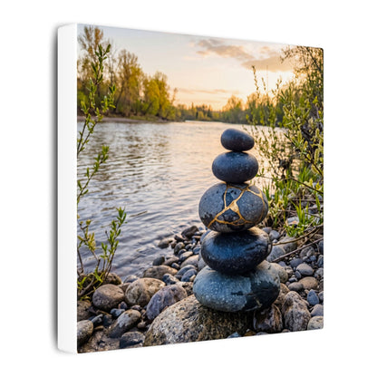 Kintsugi River Stones in Golden Hour | Gold Vein Canvas Art