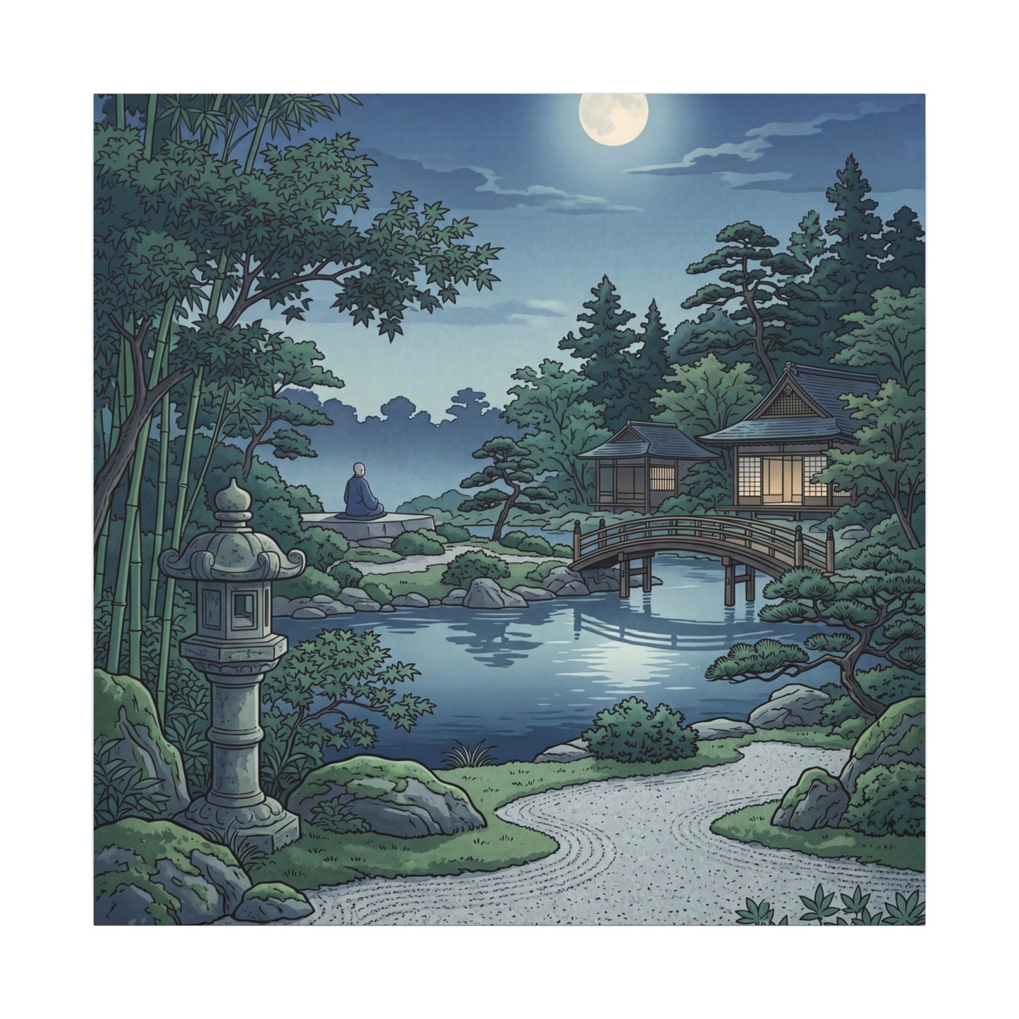 Summer Moonlit Garden Ukiyo E Inspired Canvas Art | Serene Decor