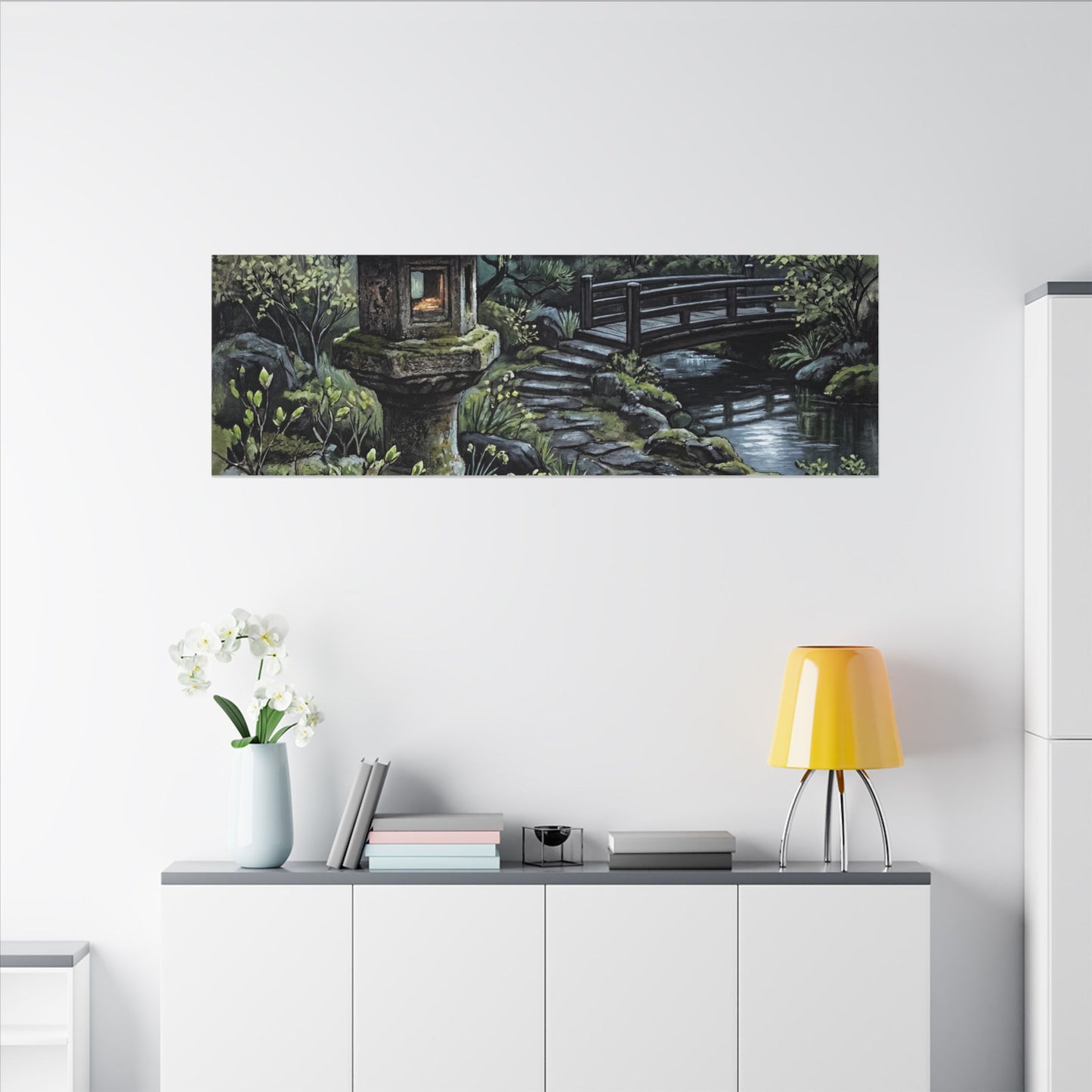 Japandi Stone Lantern in Moonlight | Texture Canvas Art