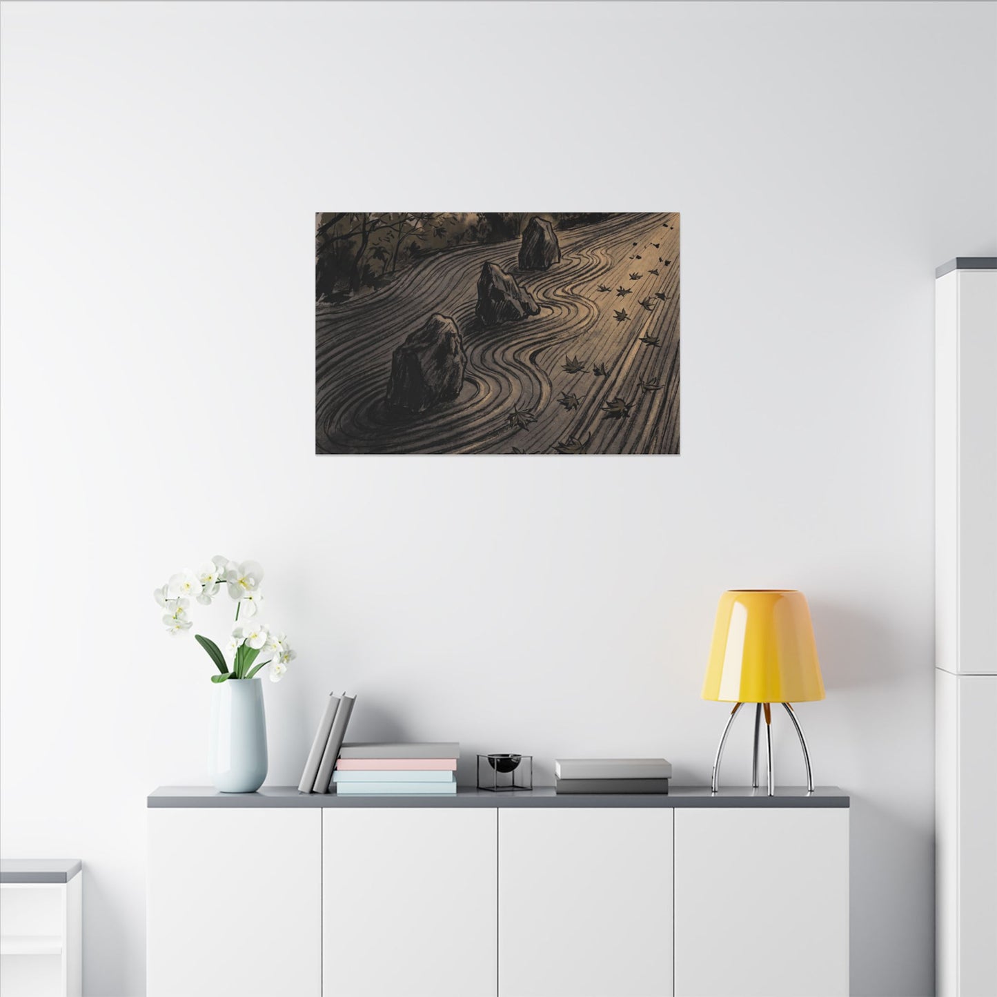 Rock Garden Canvas Art | Autumn Dark Japandi Charcoal Ink Art