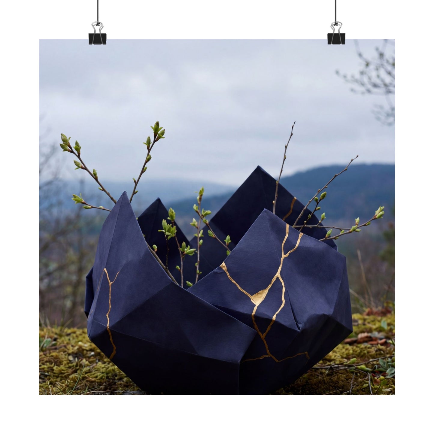 Kintsugi Paper Fold in Overcast | Gold Repair Wall Art Print