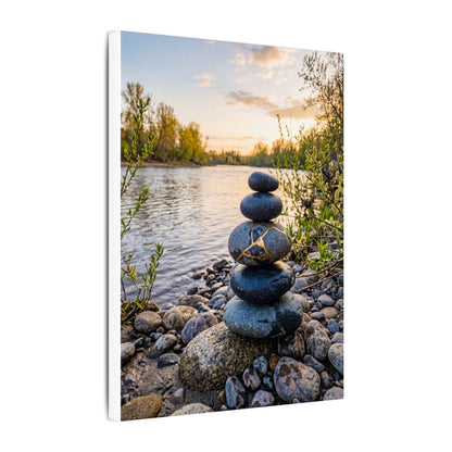 Kintsugi River Stones in Golden Hour | Gold Vein Canvas Art