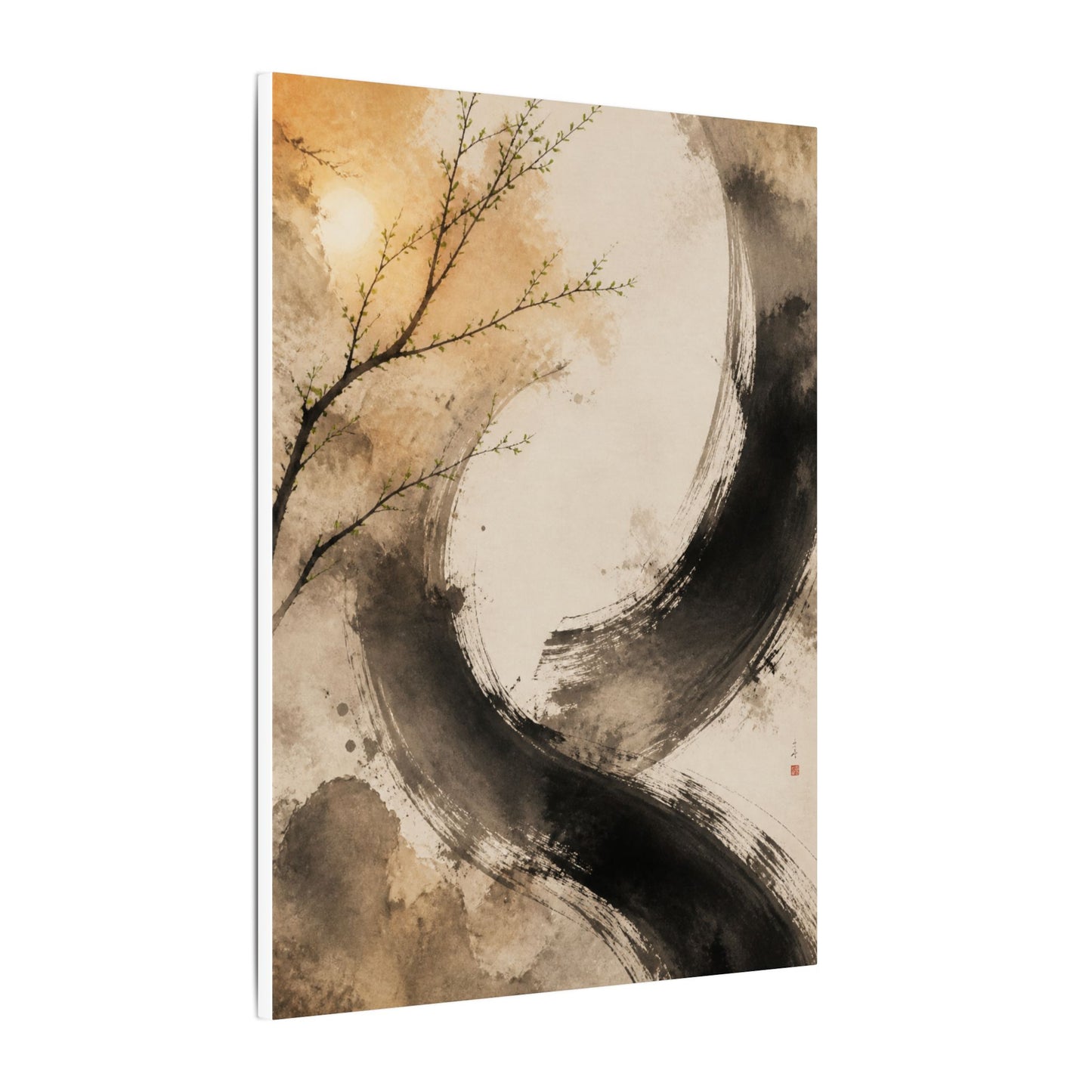 Japandi Ink Brushstroke in Golden Hour | Watercolor Canvas Art