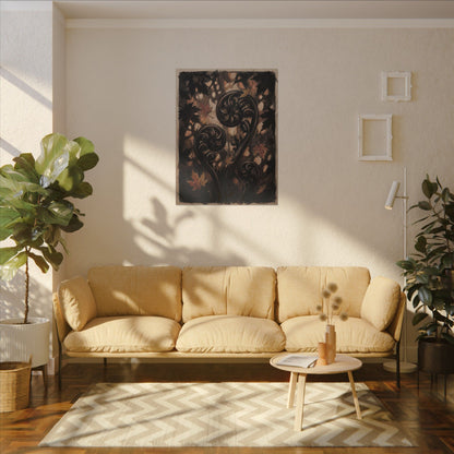 Mono No Aware Fern Unfurling Canvas Art - Dark Japandi Charcoal Ink