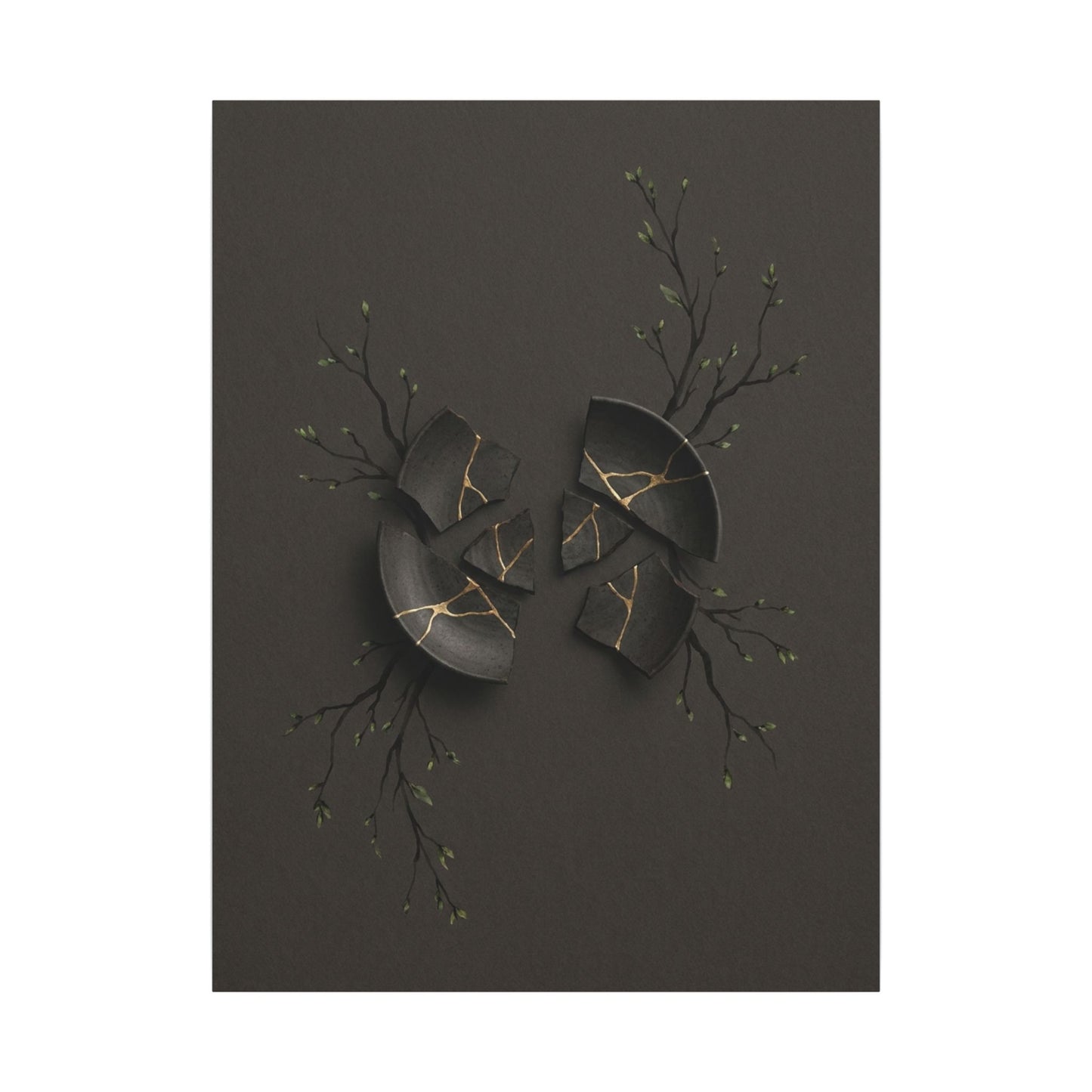 Sophisticated Broken Pottery Canvas Art - Charcoal Ink Dark Japandi