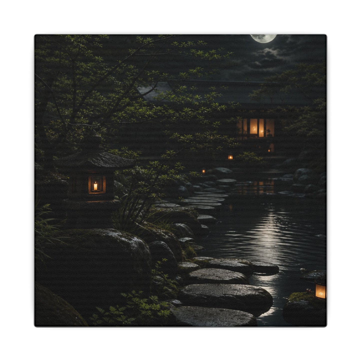 Moonlit Garden Shadow Zen Canvas Art | Sophisticated Dark Japandi Art
