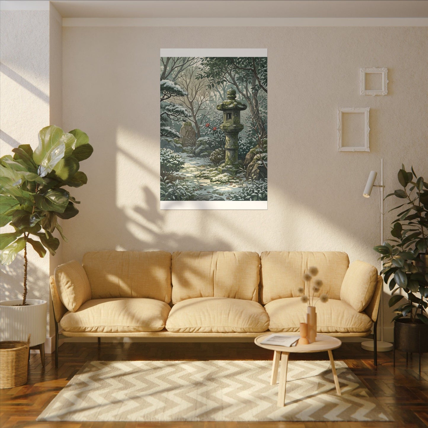 Stone Lantern Winter Canvas Art | Japandi Warm Design