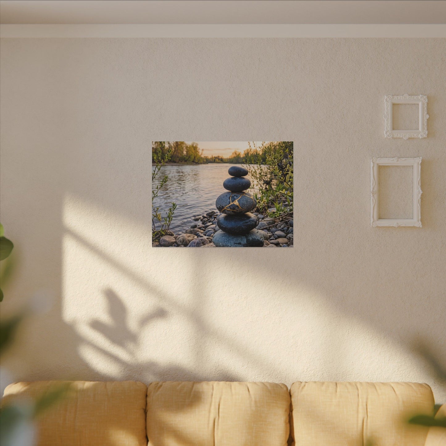 Kintsugi River Stones in Golden Hour | Gold Vein Canvas Art