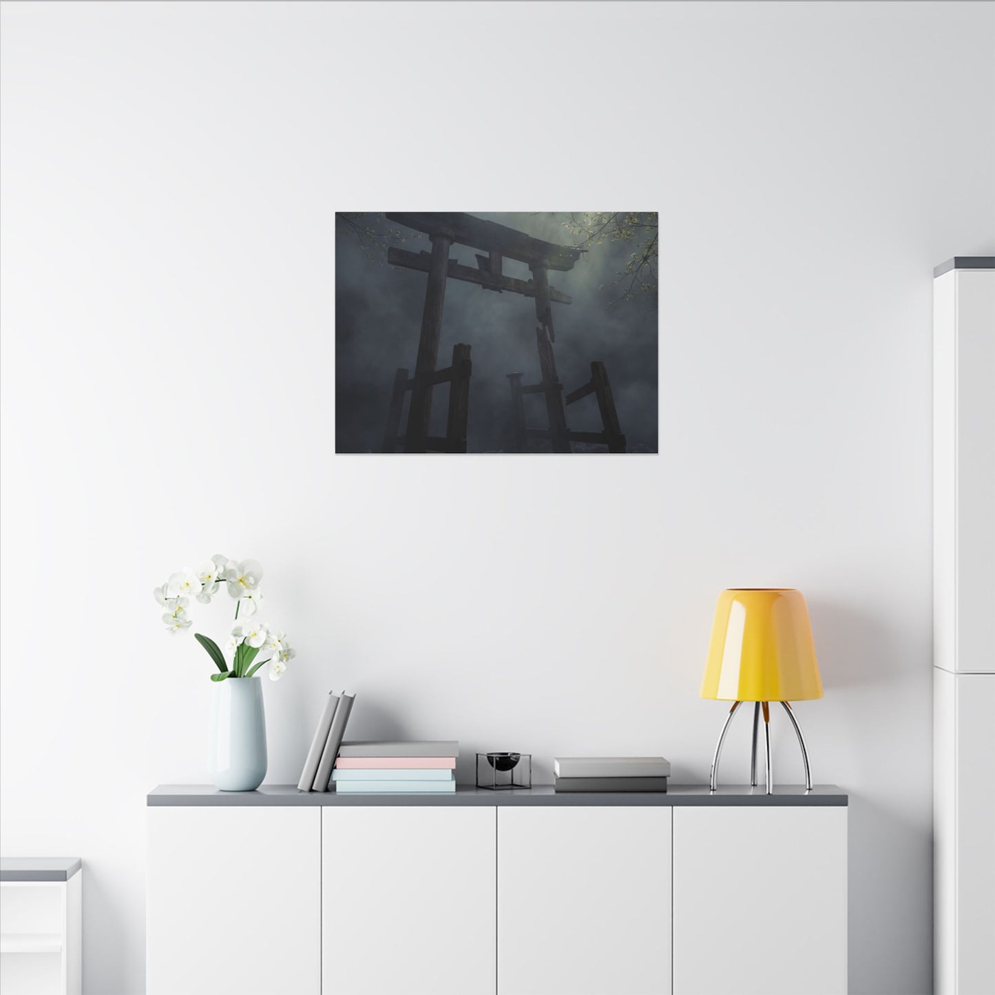Dark Japandi Torii Gate in Dappled | Moody Minimal Canvas Art