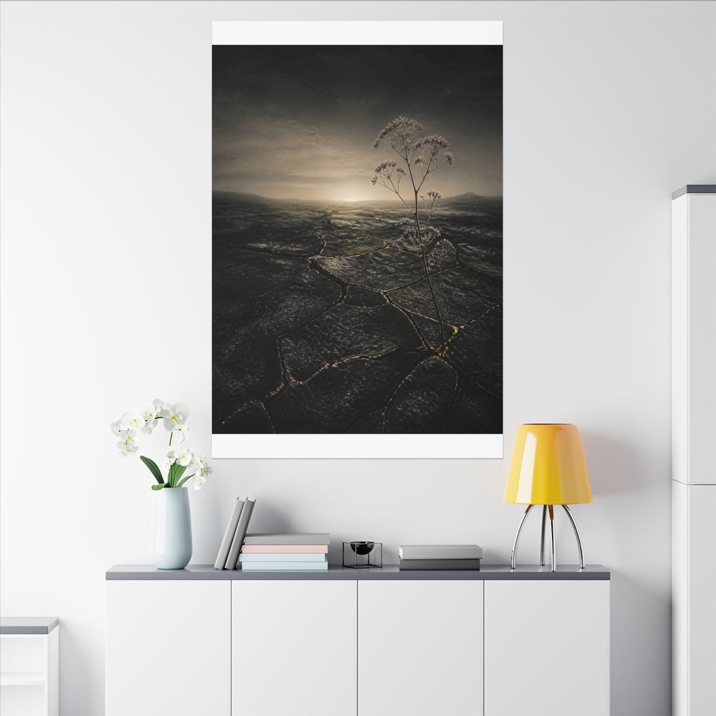 Dawn Cracked Earth Canvas Art - Dark Japandi Mono No Aware