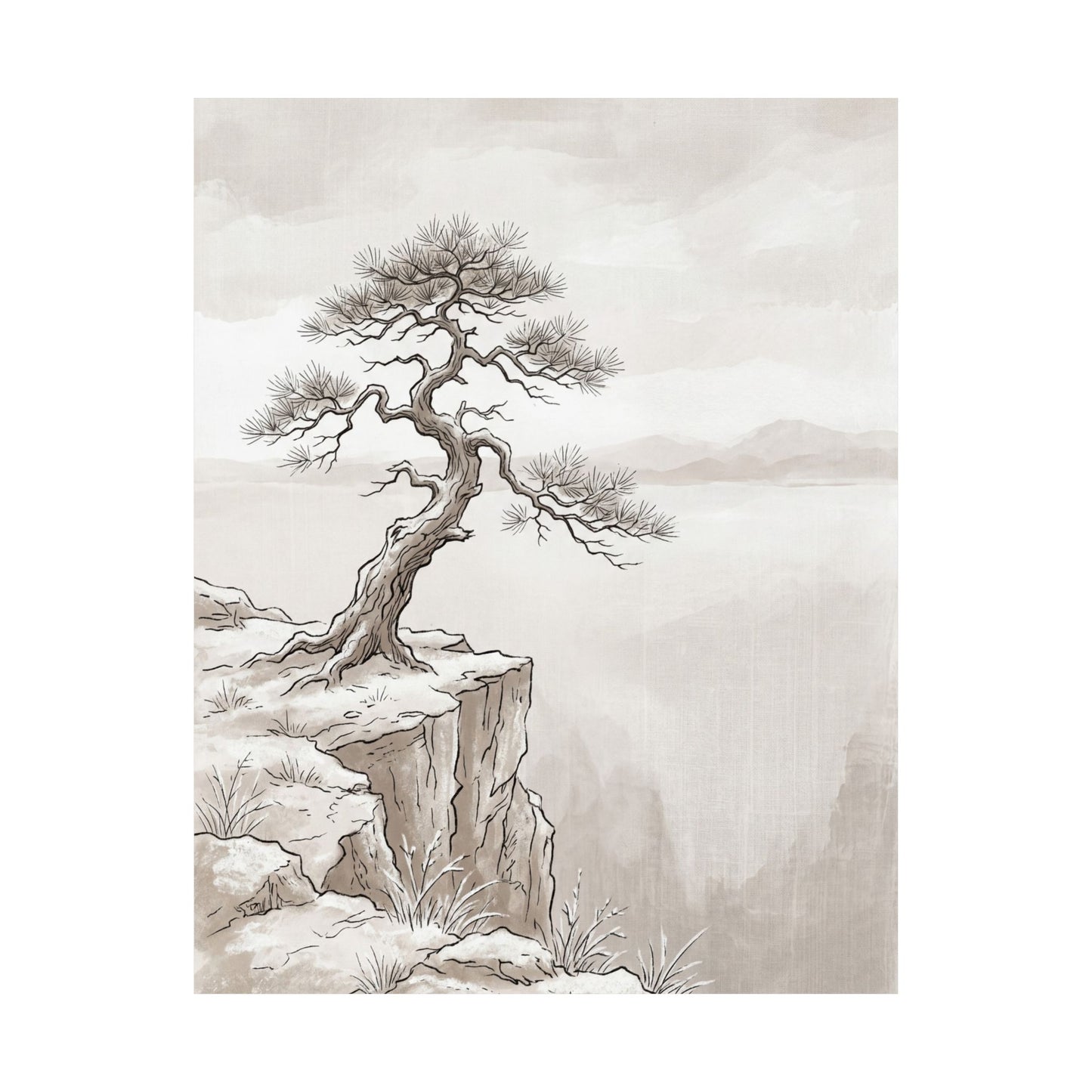 Japandi Pine Tree in Overcast | Minimal Line Wall Art Print