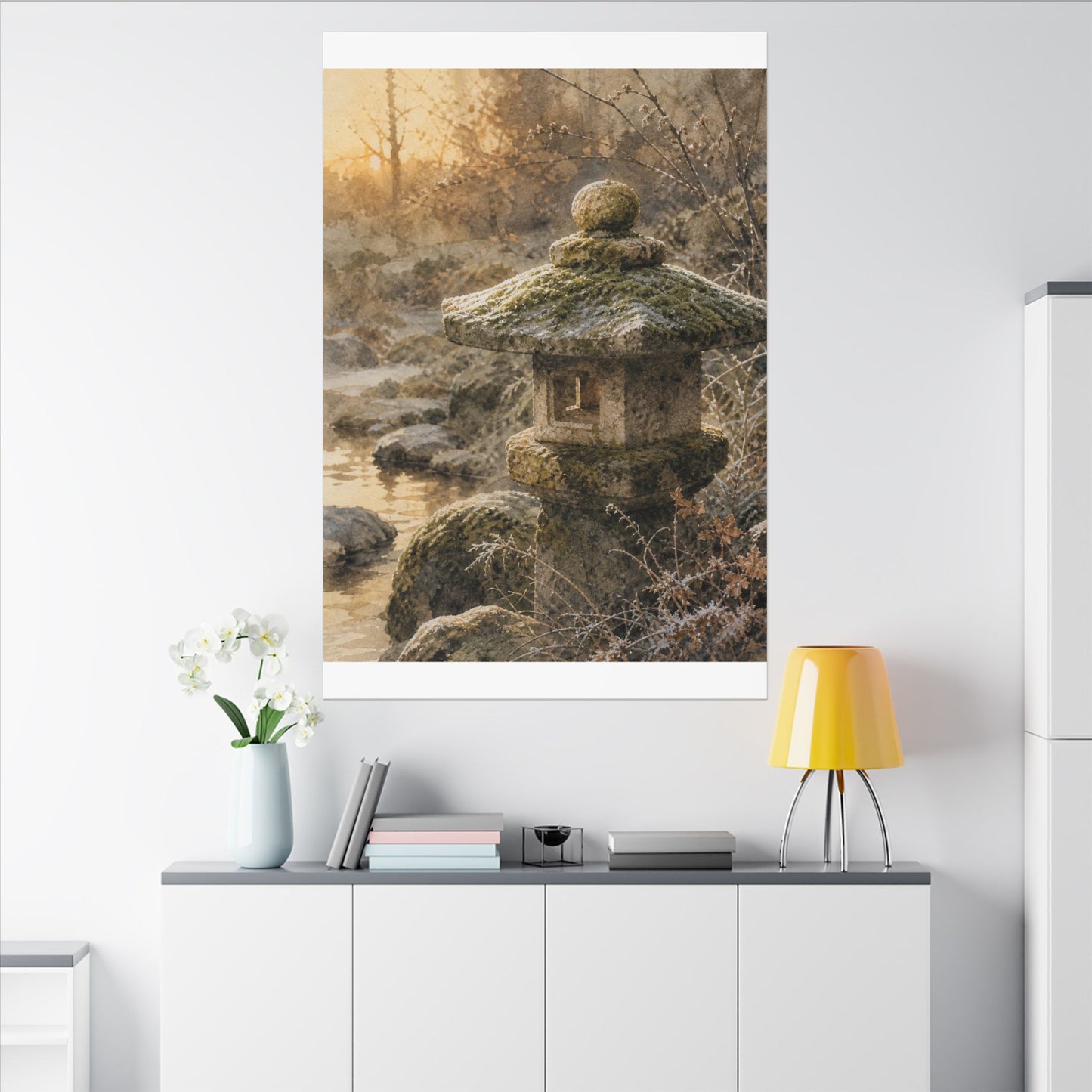 Winter Stone Lantern Watercolor Canvas Art | Earthy Decor