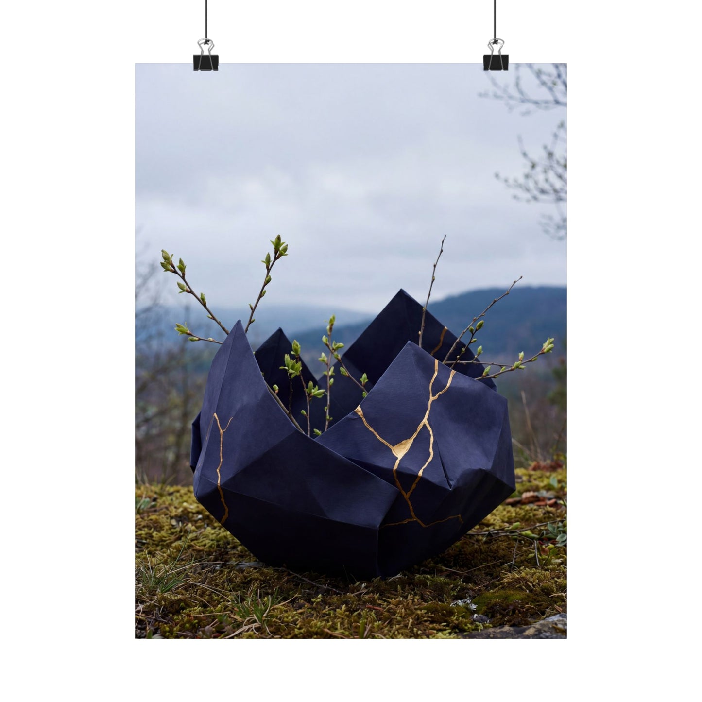 Kintsugi Paper Fold in Overcast | Gold Repair Wall Art Print