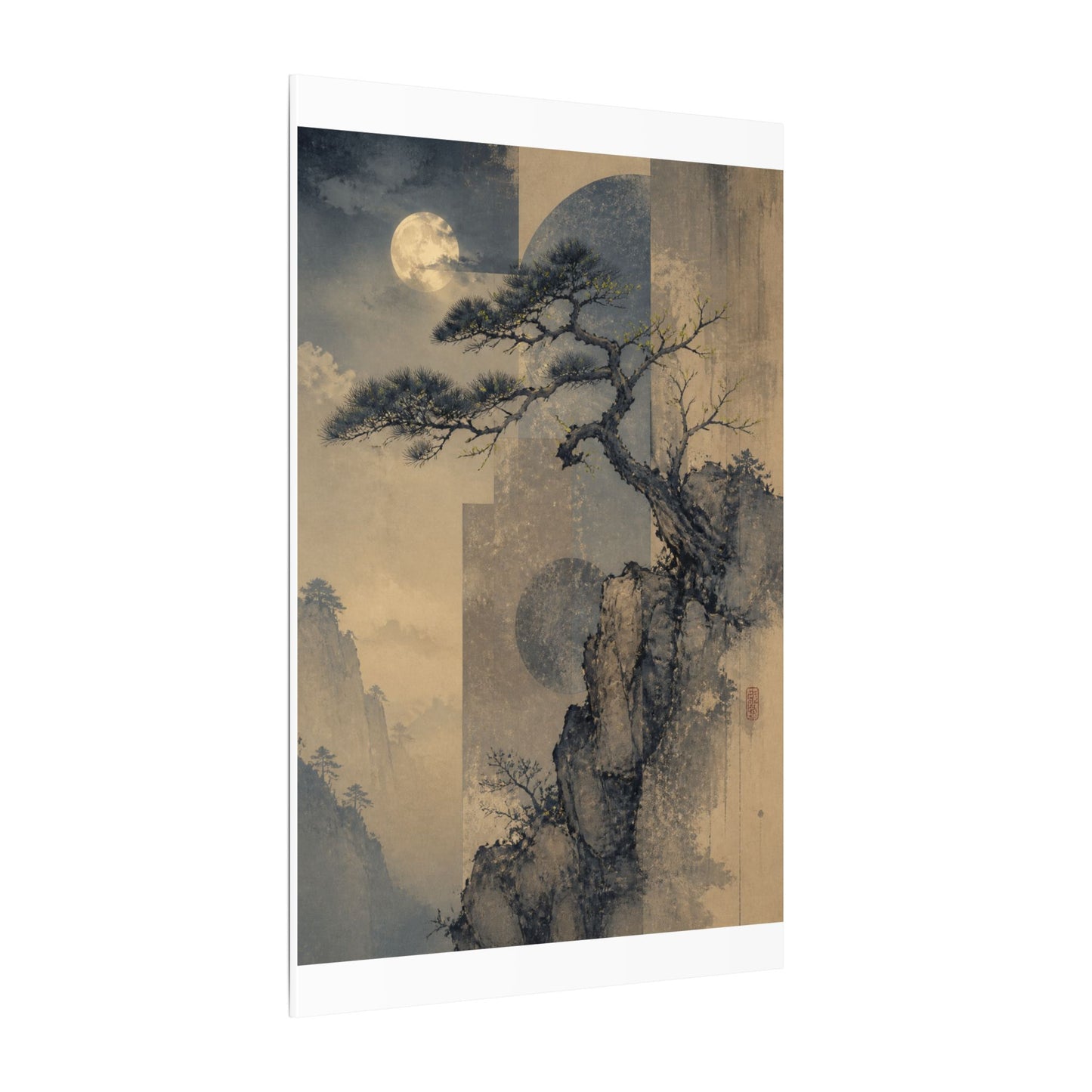 Japandi Pine Tree in Moonlight | Japanese Pattern Canvas Art
