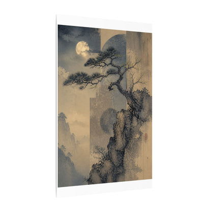 Japandi Pine Tree in Moonlight | Japanese Pattern Canvas Art
