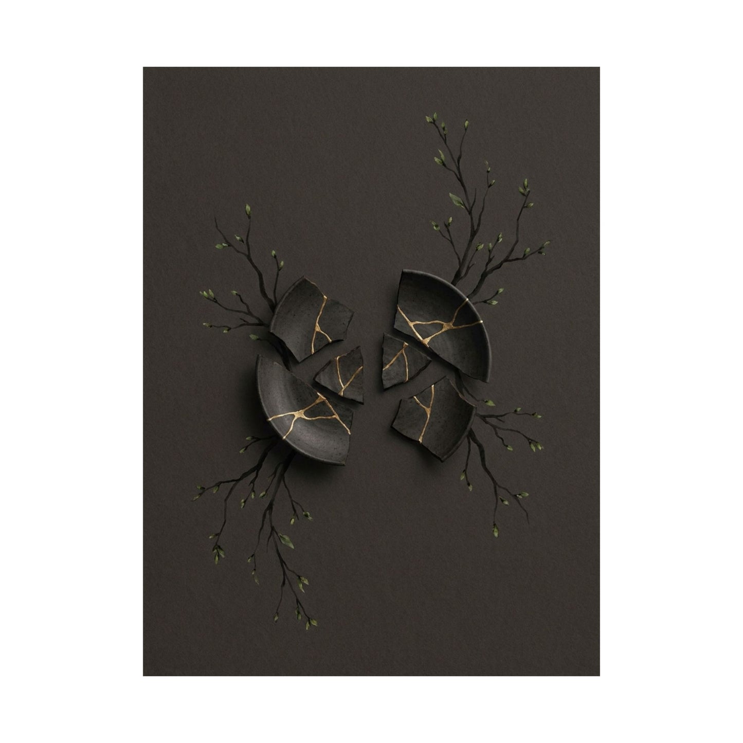 Dark Japandi Broken Pottery in Overcast | Charcoal Ink Wall Art Print