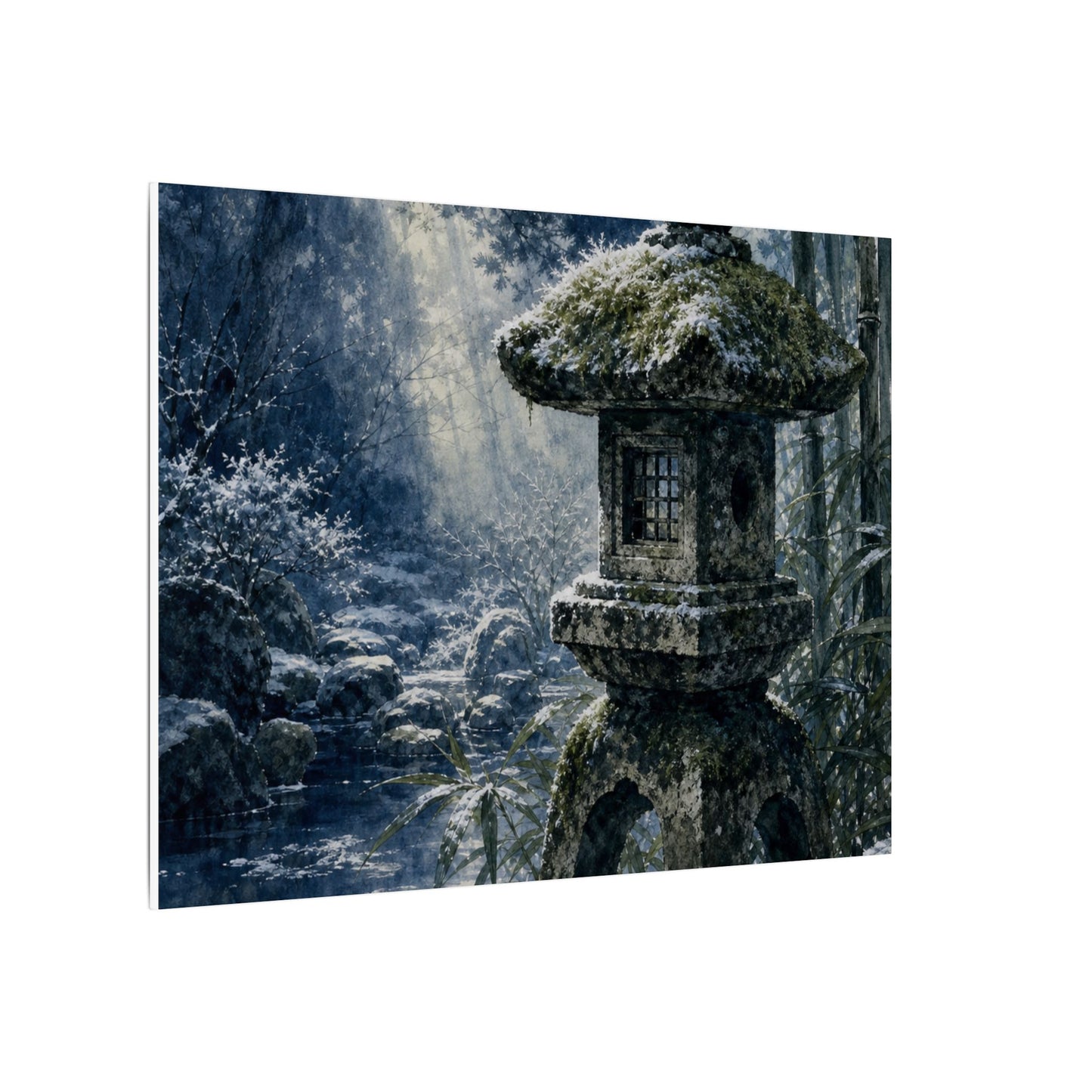 Zen Stone Lantern in Dappled | Sumi E Canvas Art