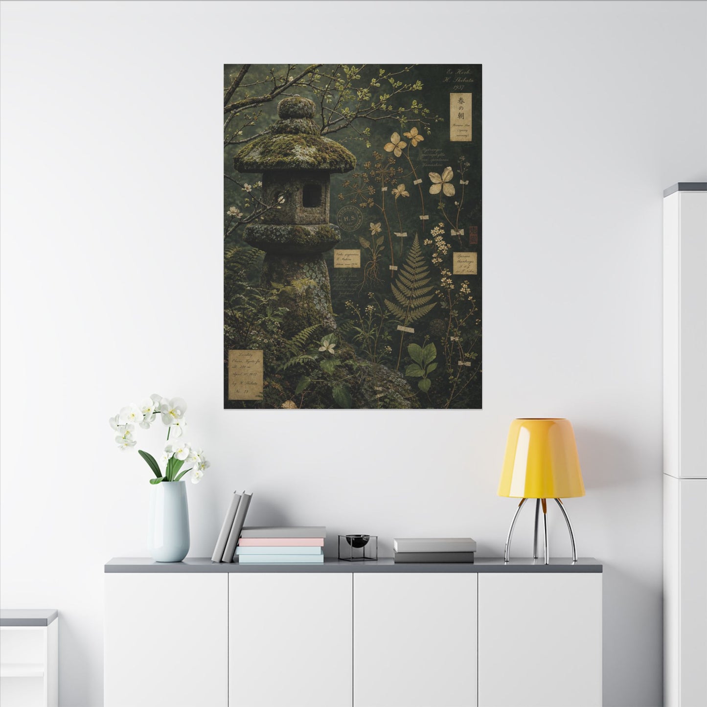 Spring Stone Lantern Herbarium Canvas Art | Nostalgic Decor