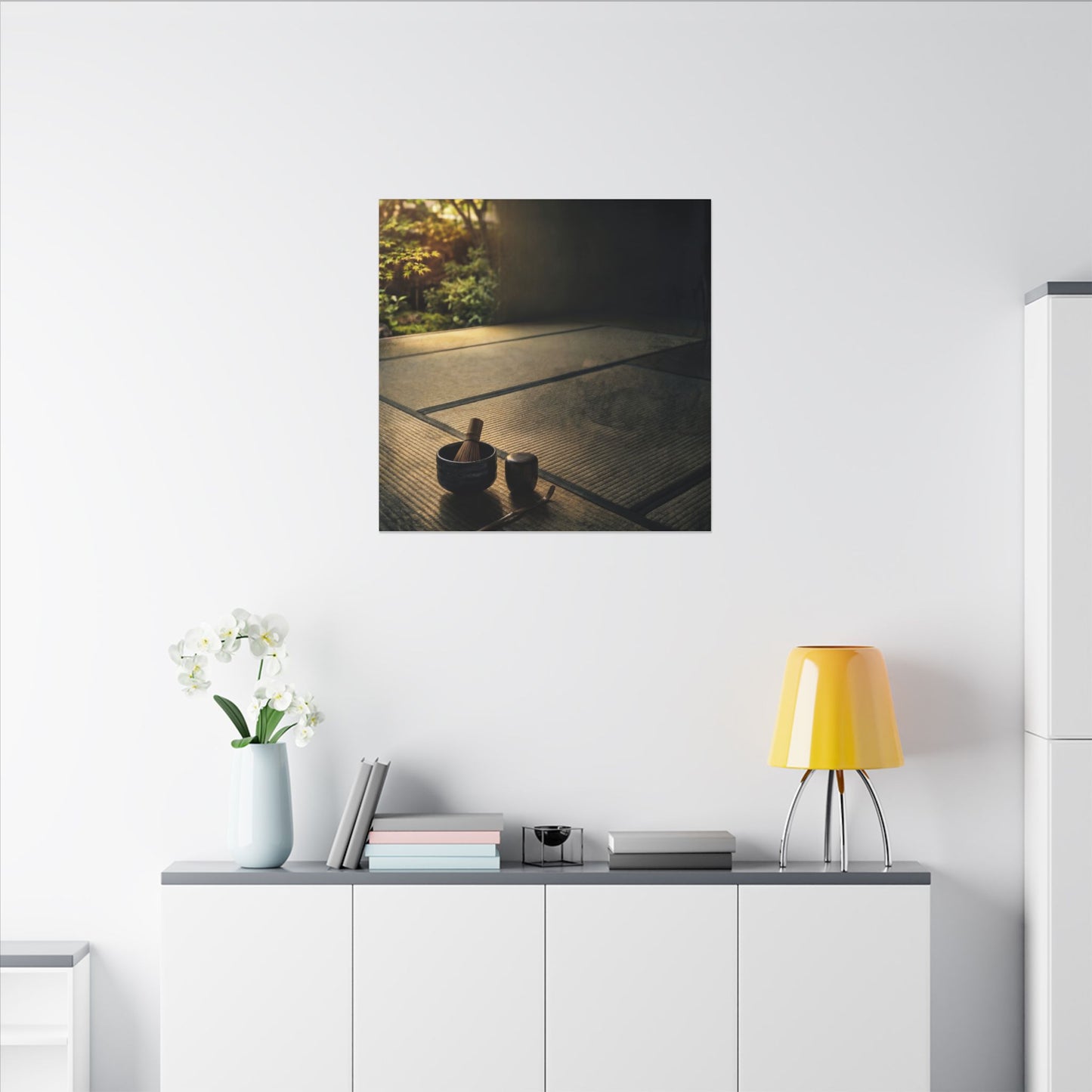 Dark Japandi Tea Ceremony in Golden Hour | Dark Texture Canvas Art