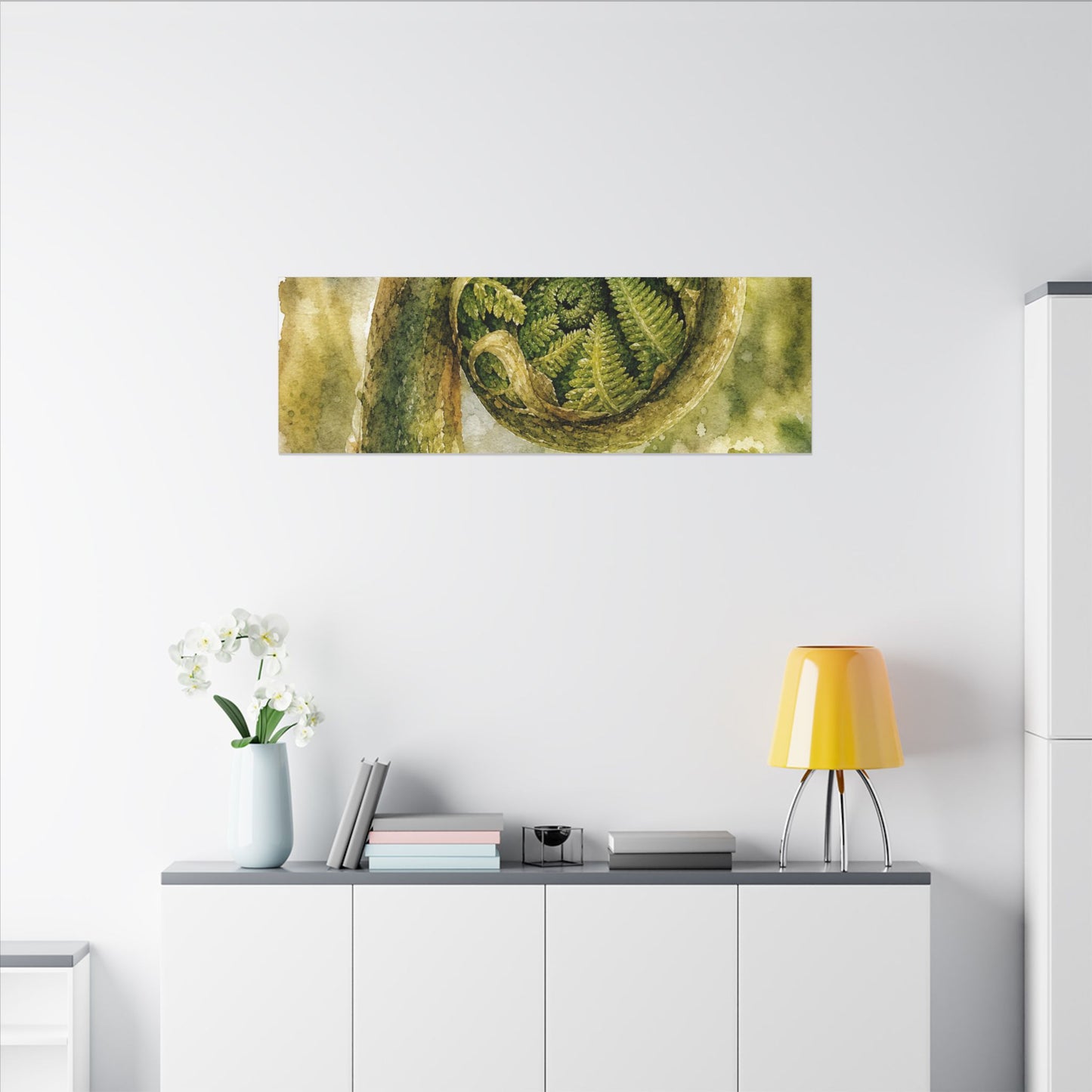 Japandi Fern Unfurling in Dappled | Watercolor Canvas Art