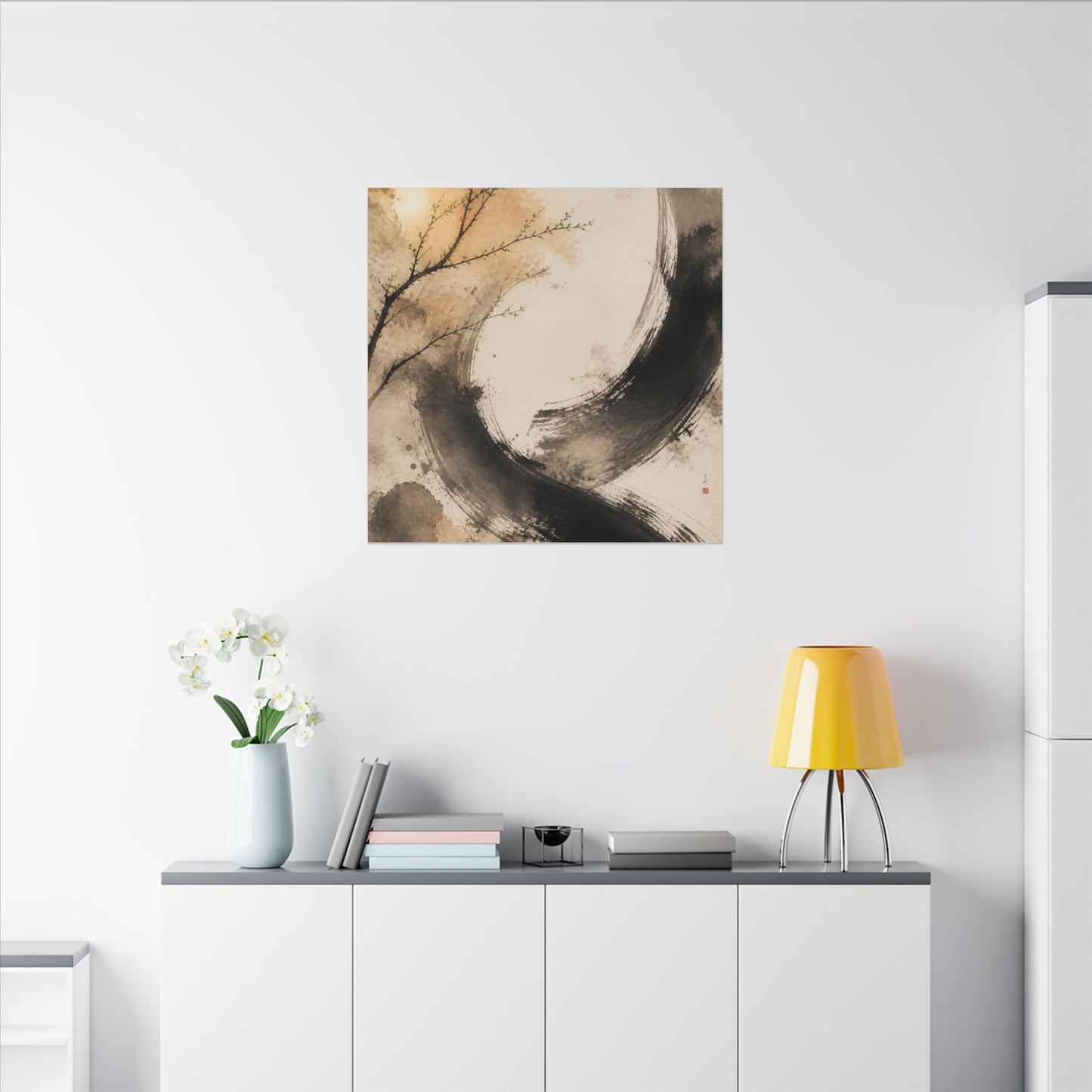 Japandi Ink Brushstroke in Golden Hour | Watercolor Canvas Art