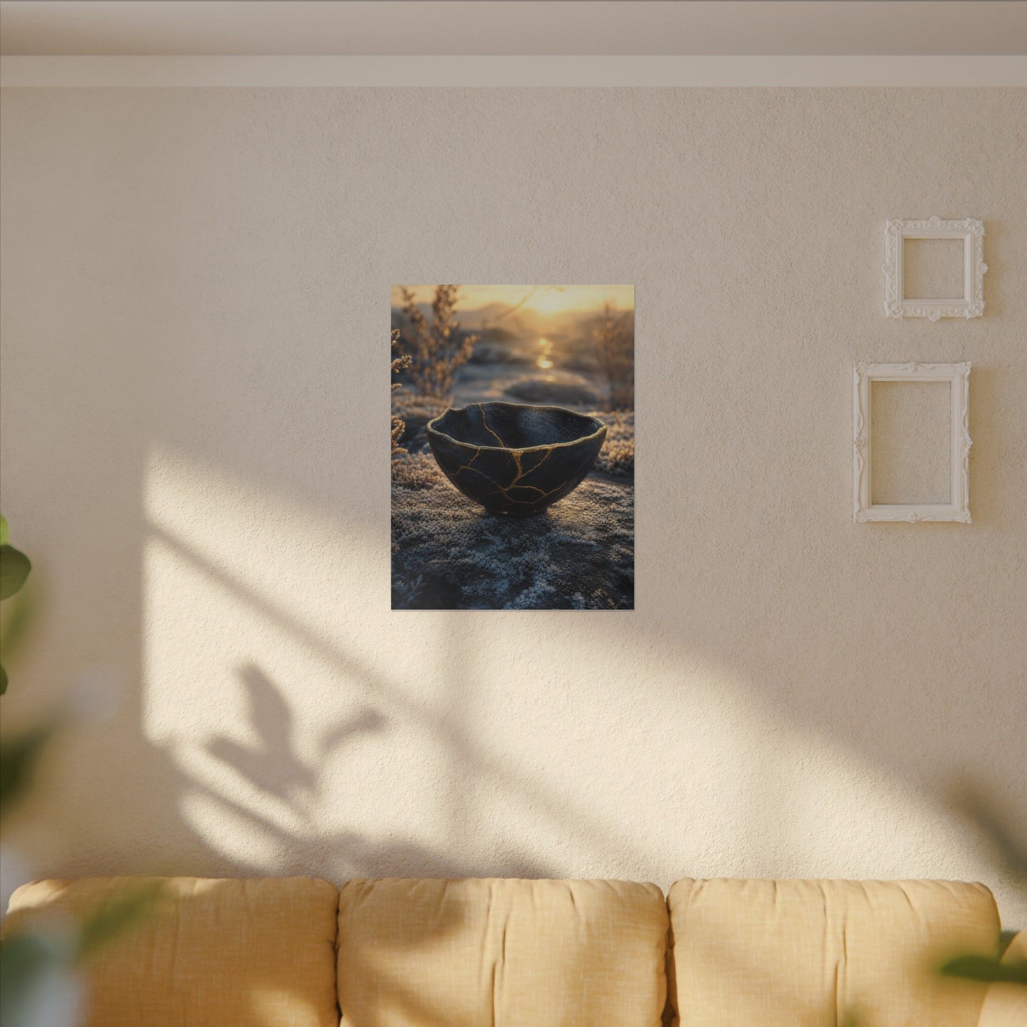Ceramic Bowl Canvas Art | Winter Kintsugi Gold Repair Art