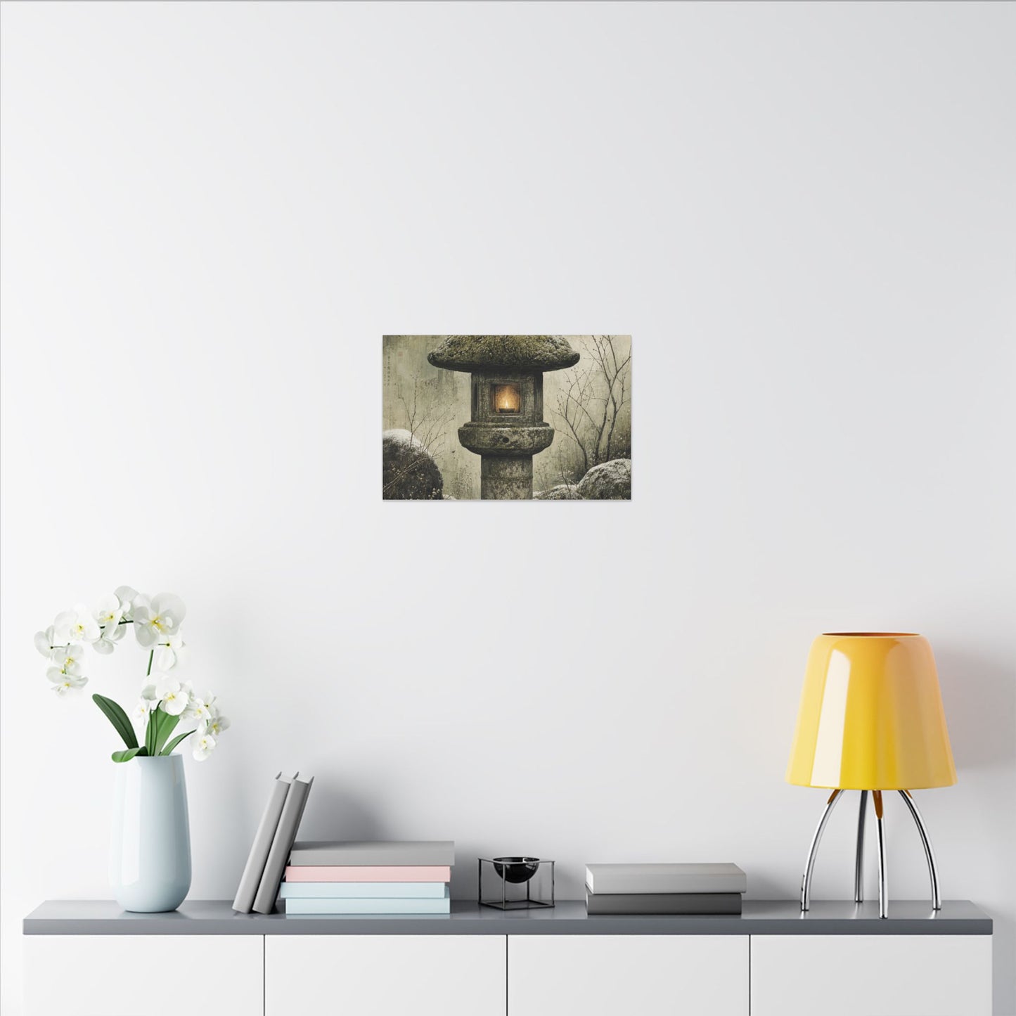 Stone Lantern Winter Canvas Art | Japandi Neutral Design