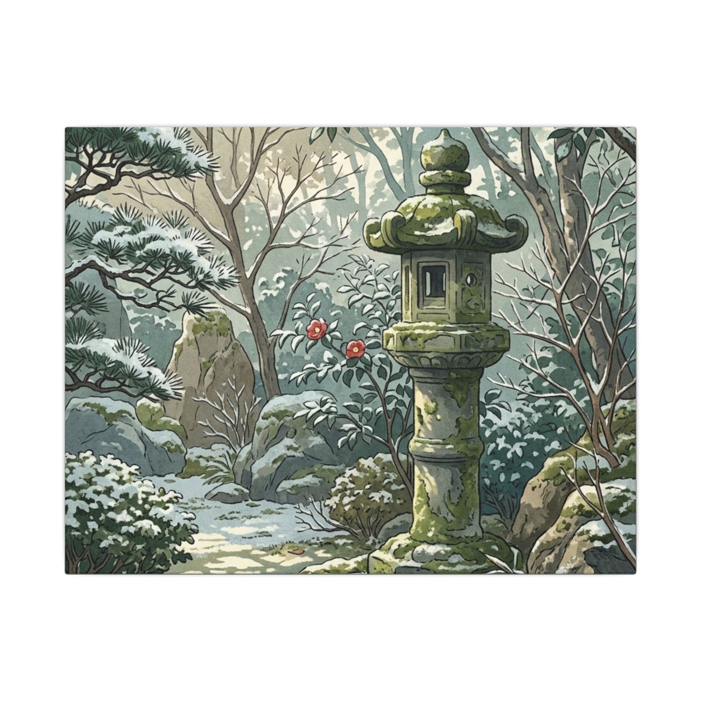Stone Lantern Winter Canvas Art | Japandi Warm Design