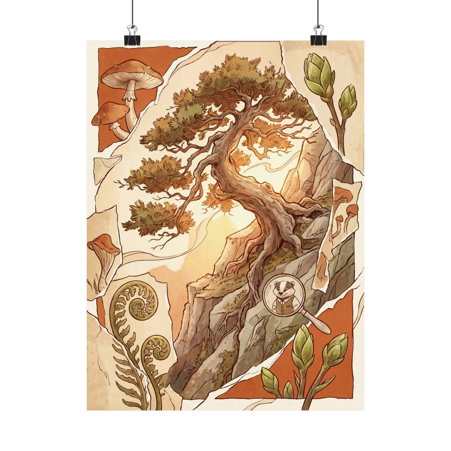 Spring Pine Tree Mushroom Illustration Wall Art Print | Cozy Decor