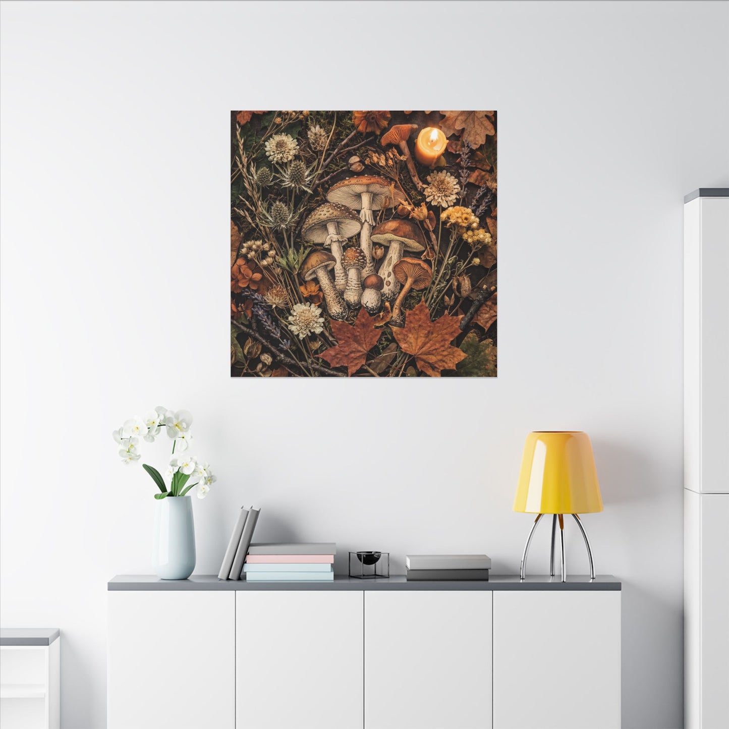 Autumn Dried Flowers Mushroom Illustration Canvas Art | Earthy Decor