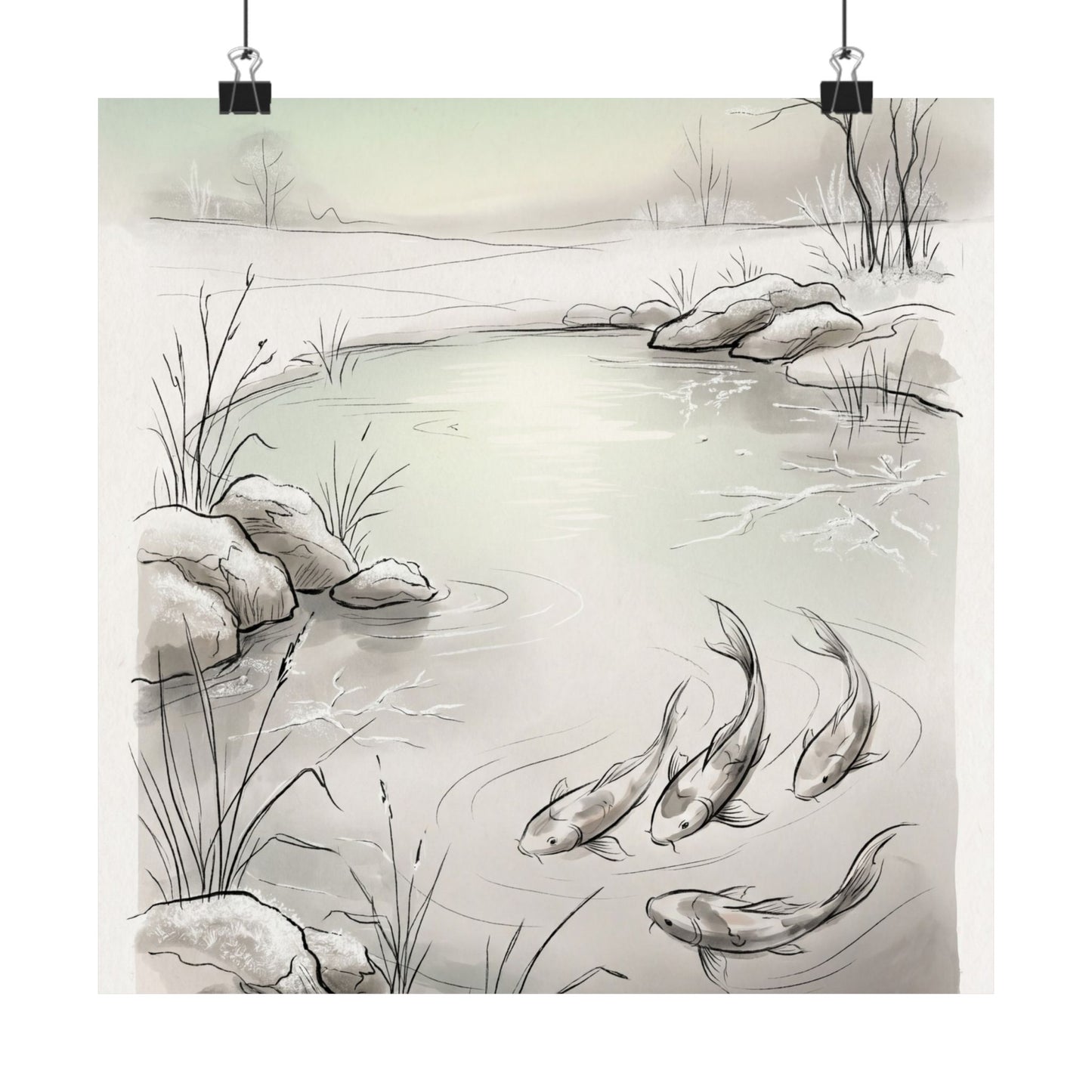 Japandi Koi Pond in Dawn | Minimal Line Wall Art Print