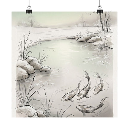 Japandi Koi Pond in Dawn | Minimal Line Wall Art Print