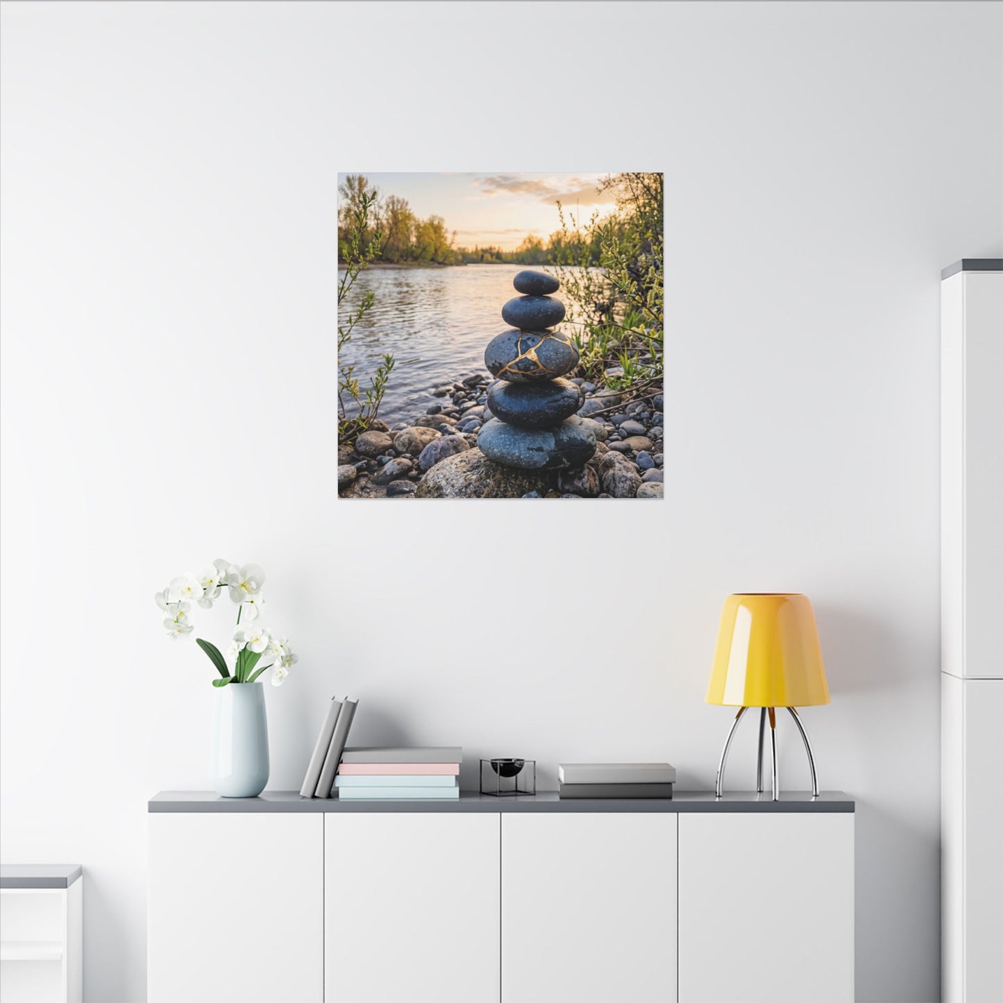 Kintsugi River Stones in Golden Hour | Gold Vein Canvas Art