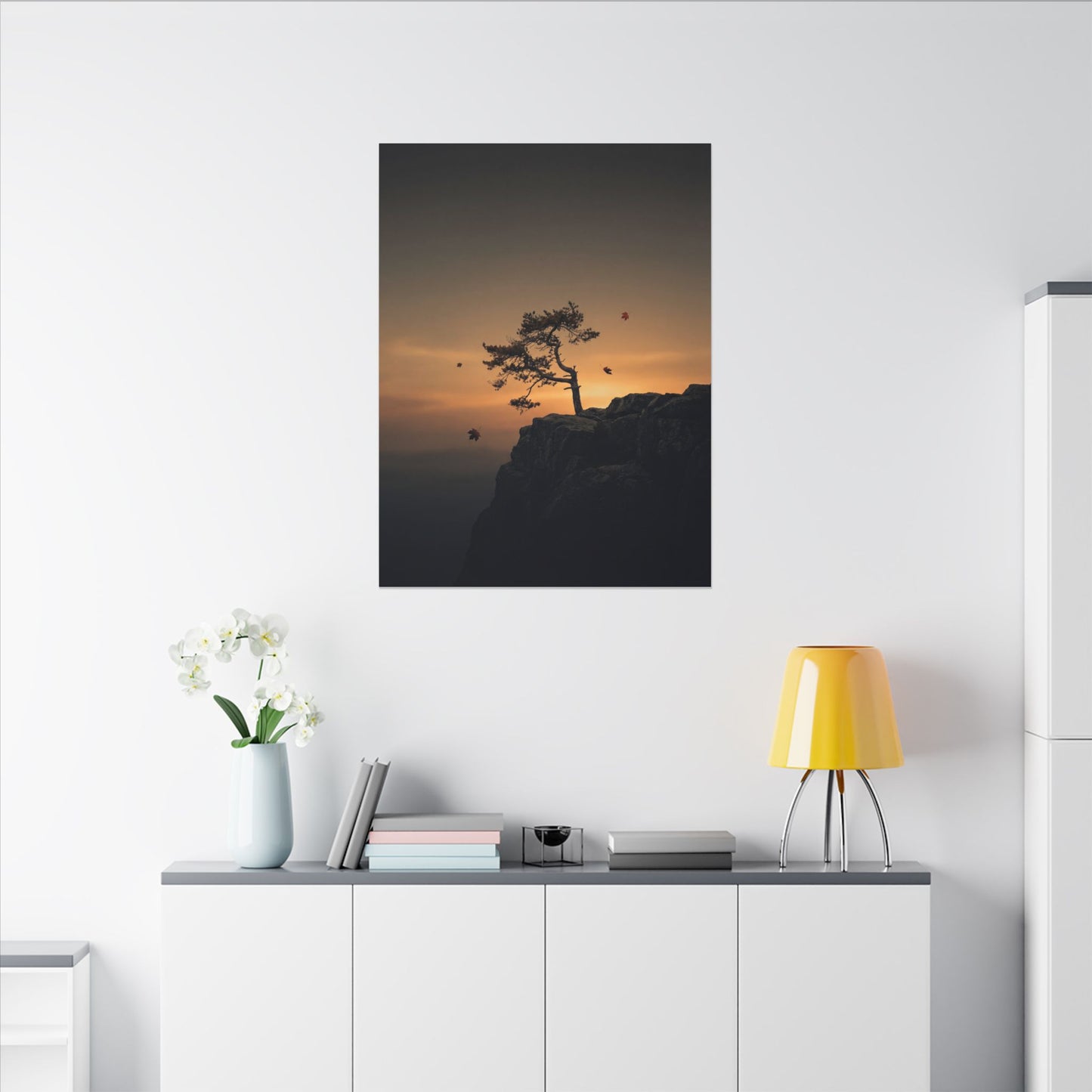 Dark Japandi Pine Tree in Golden Hour | Moody Minimal Canvas Art
