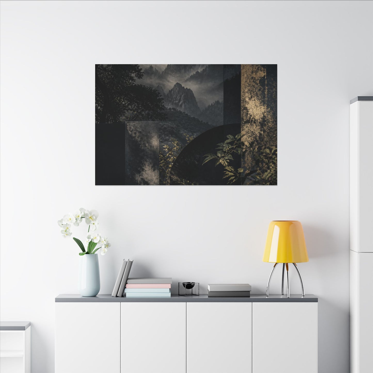 Mountain Mist Summer Canvas Art | Dark Japandi Atmospheric Design