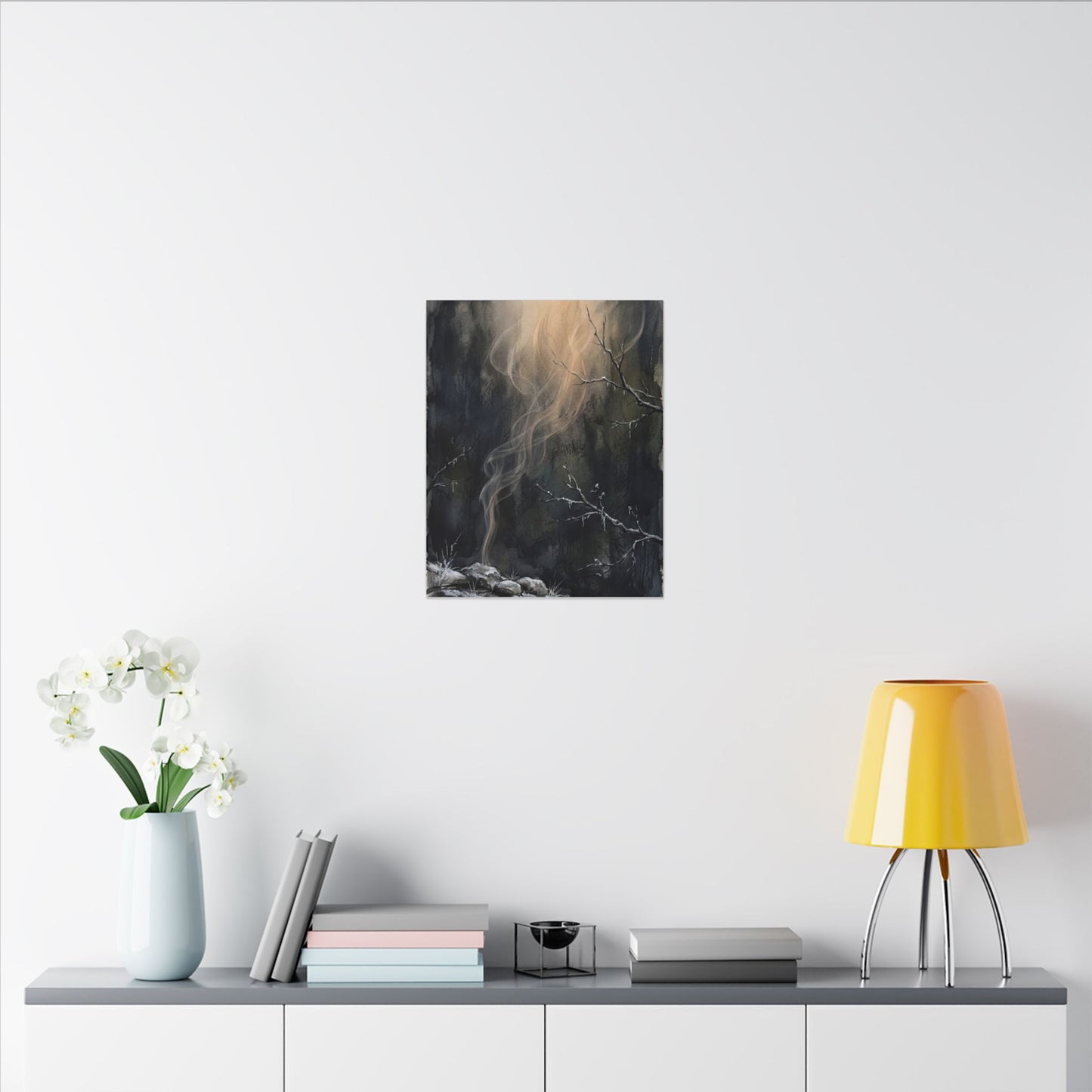 Incense Smoke Winter Canvas Art | Dark Japandi Moody Design