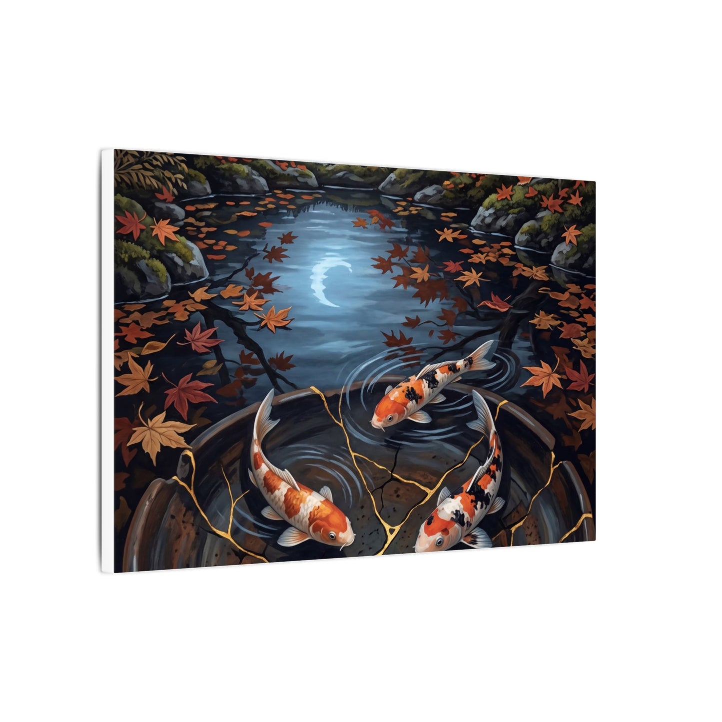 Koi Pond Canvas Art | Autumn Kintsugi Gold Repair Art