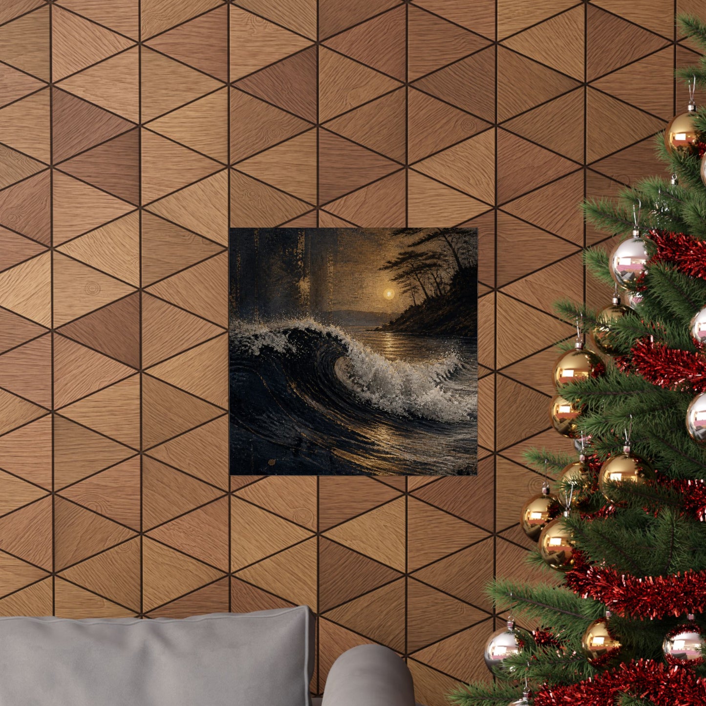 Dark Japandi Ocean Wave in Golden Hour | Dark Texture Wall Art Print