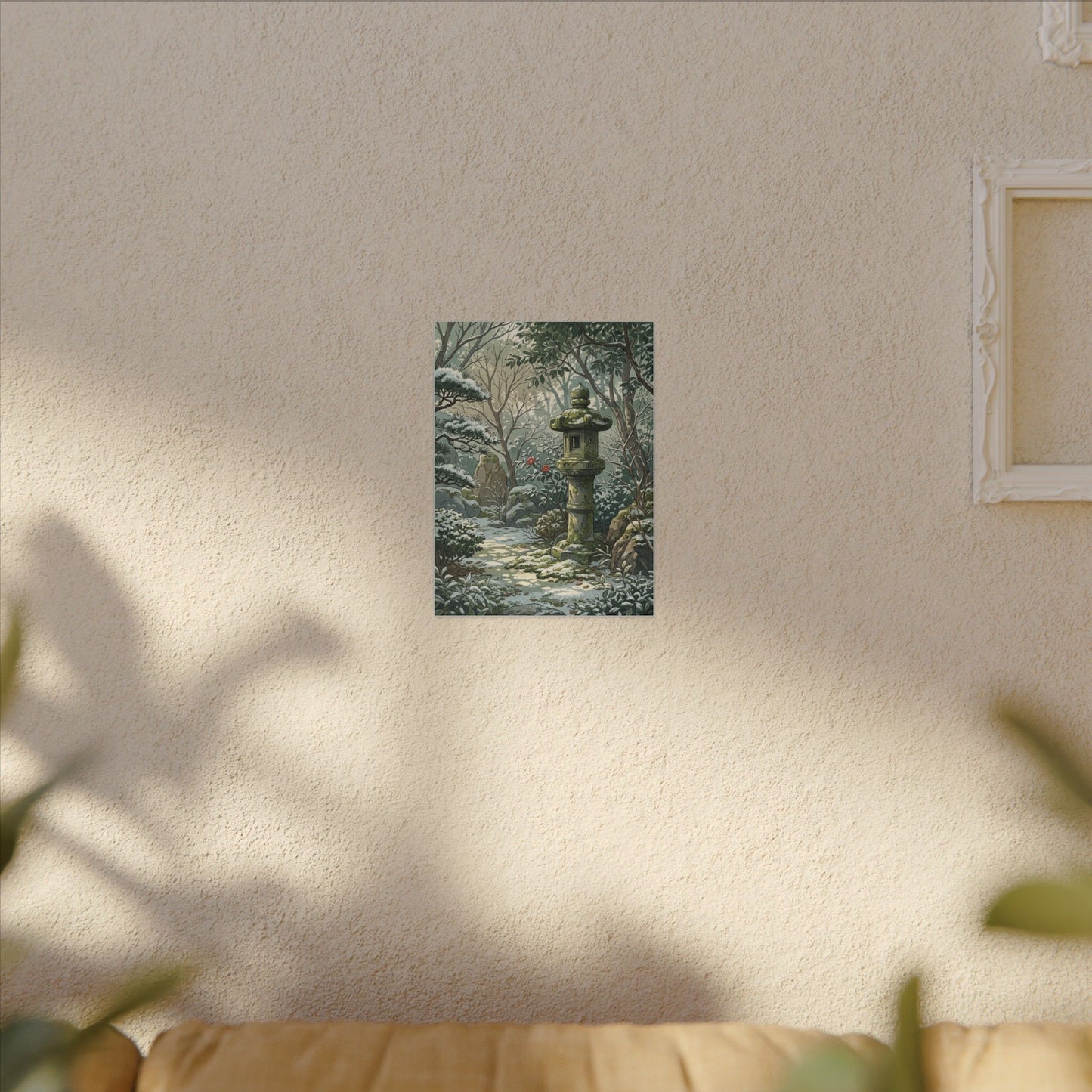 Stone Lantern Winter Canvas Art | Japandi Warm Design
