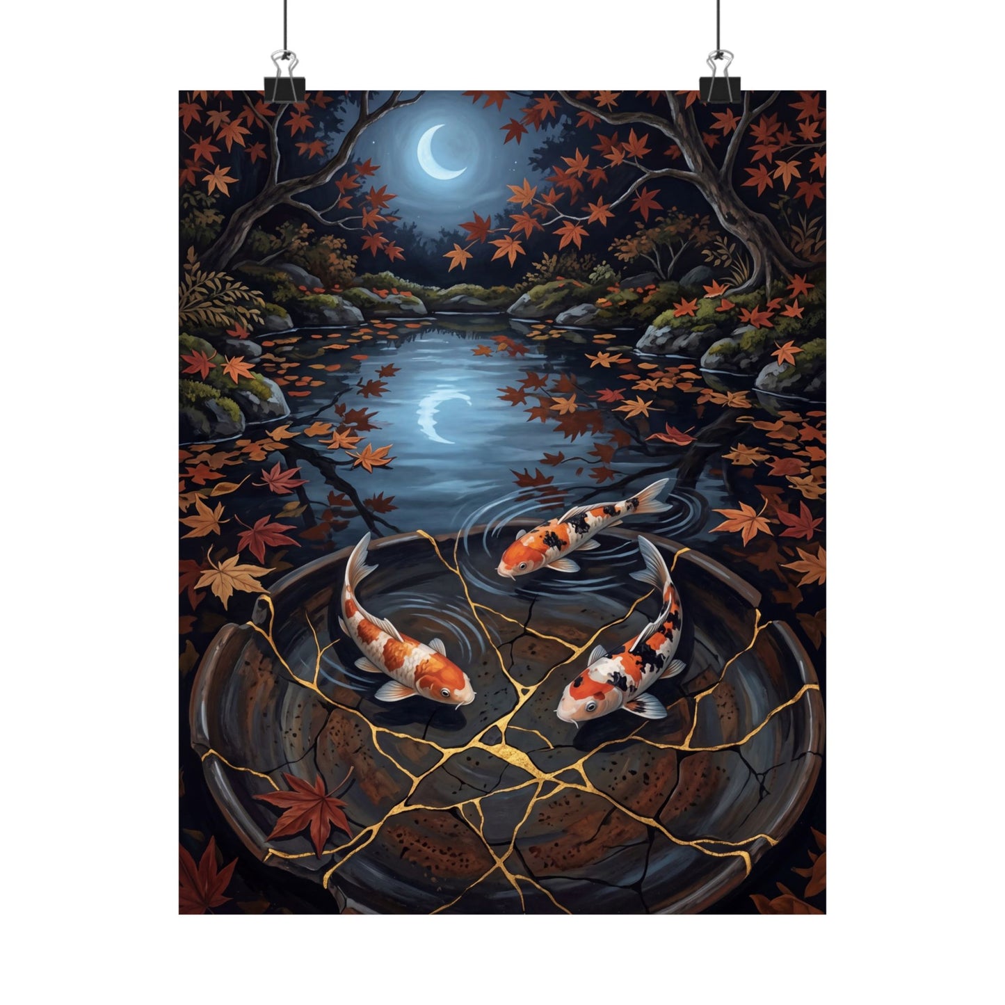 Kintsugi Koi Pond in Moonlight | Gold Repair Wall Art Print