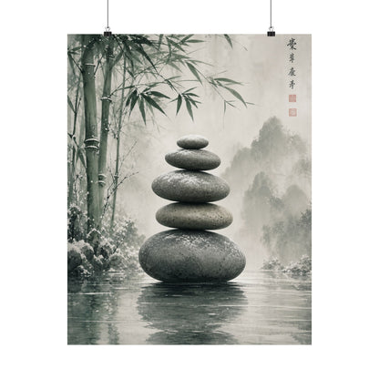 River Stones Sumi E Wall Art Print | Tranquil Zen Art
