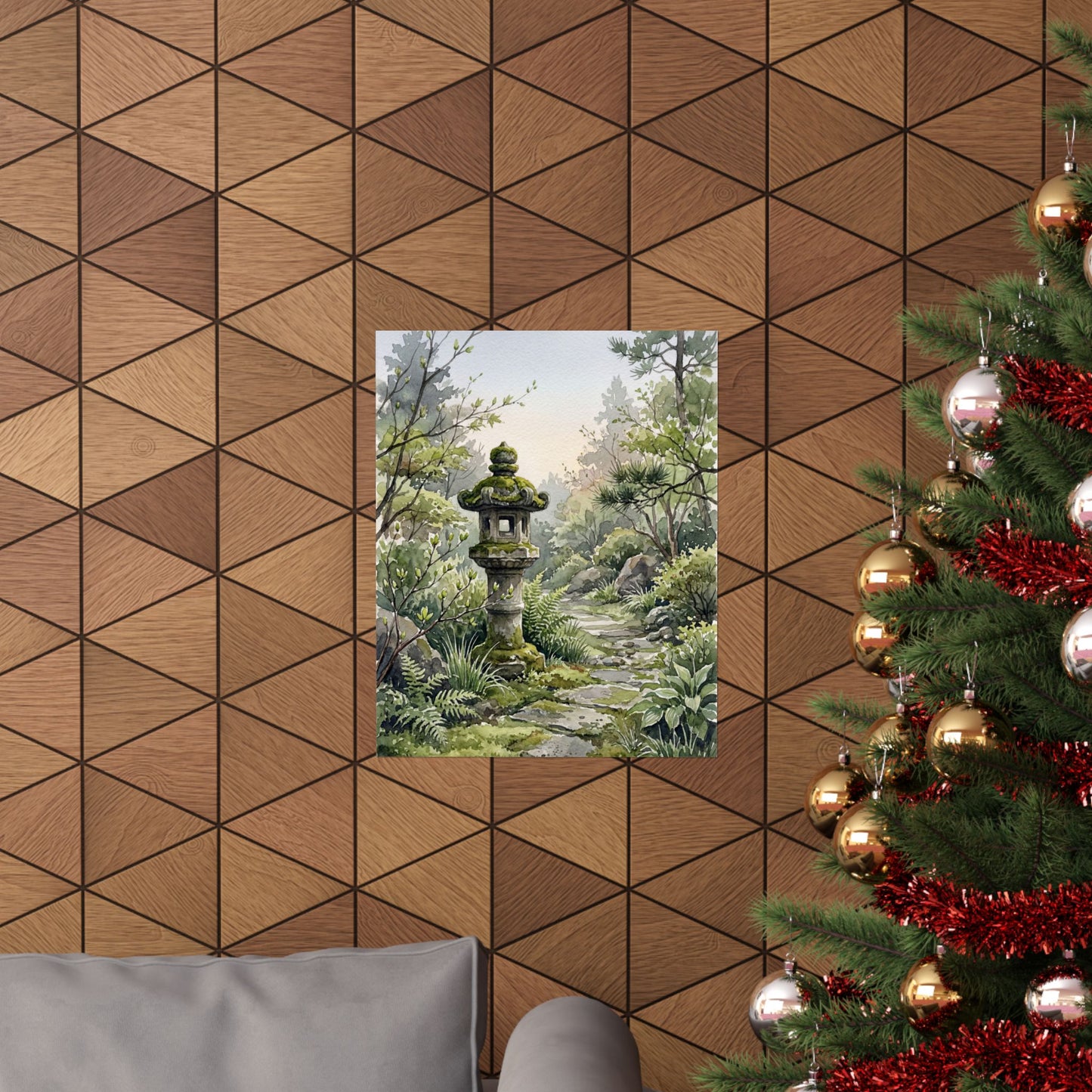 Japandi Stone Lantern in Dawn | Watercolor Wall Art Print
