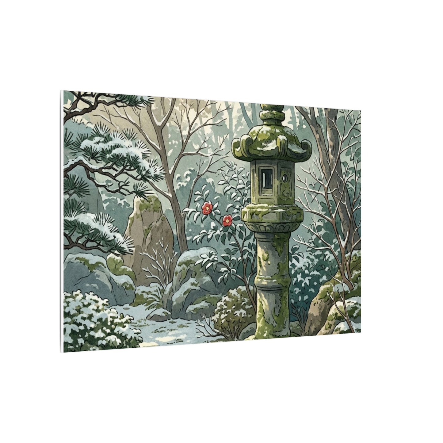 Stone Lantern Winter Canvas Art | Japandi Warm Design