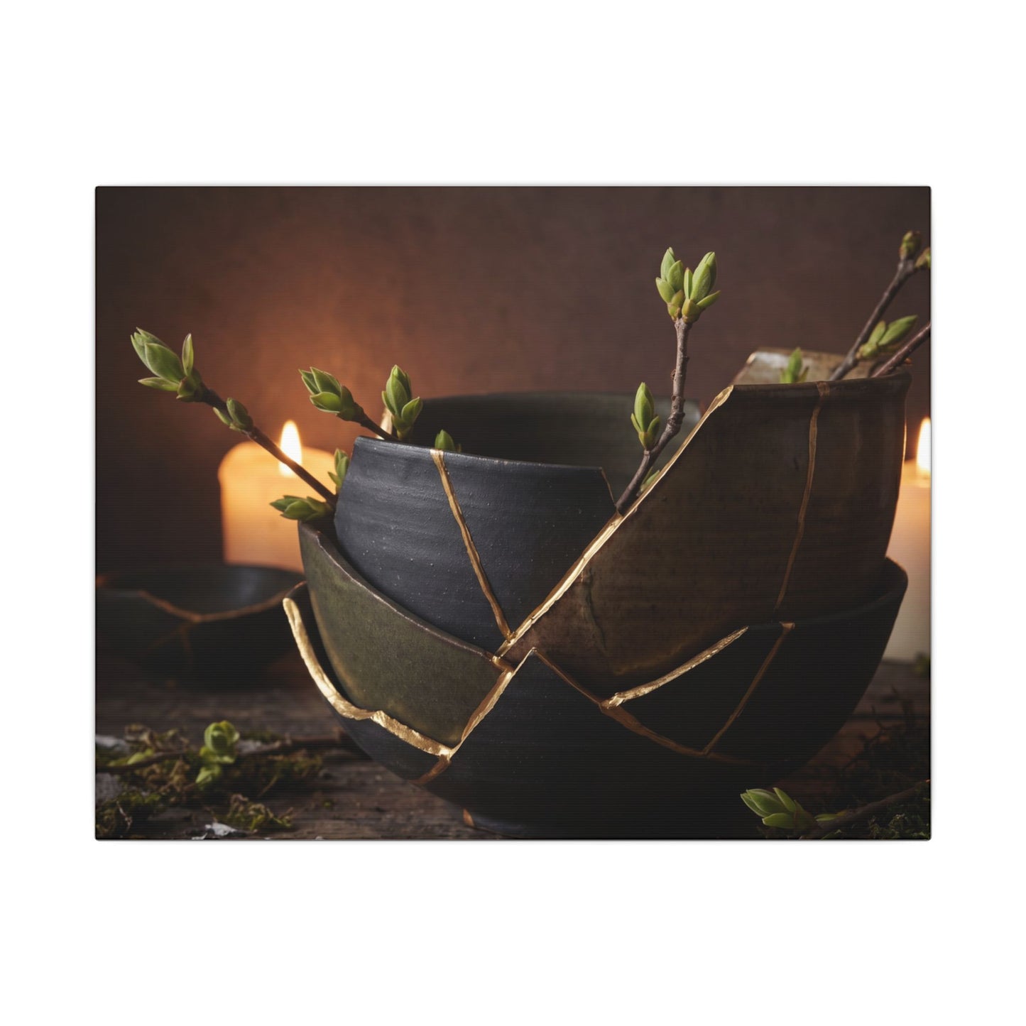 Broken Pottery Spring Canvas Art | Dark Japandi Luxurious Design Art Print