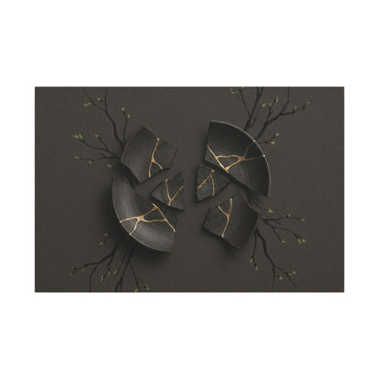 Sophisticated Broken Pottery Canvas Art - Charcoal Ink Dark Japandi