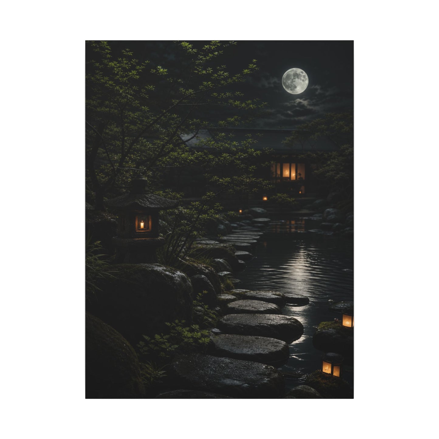 Moonlit Garden Shadow Zen Canvas Art | Sophisticated Dark Japandi Art